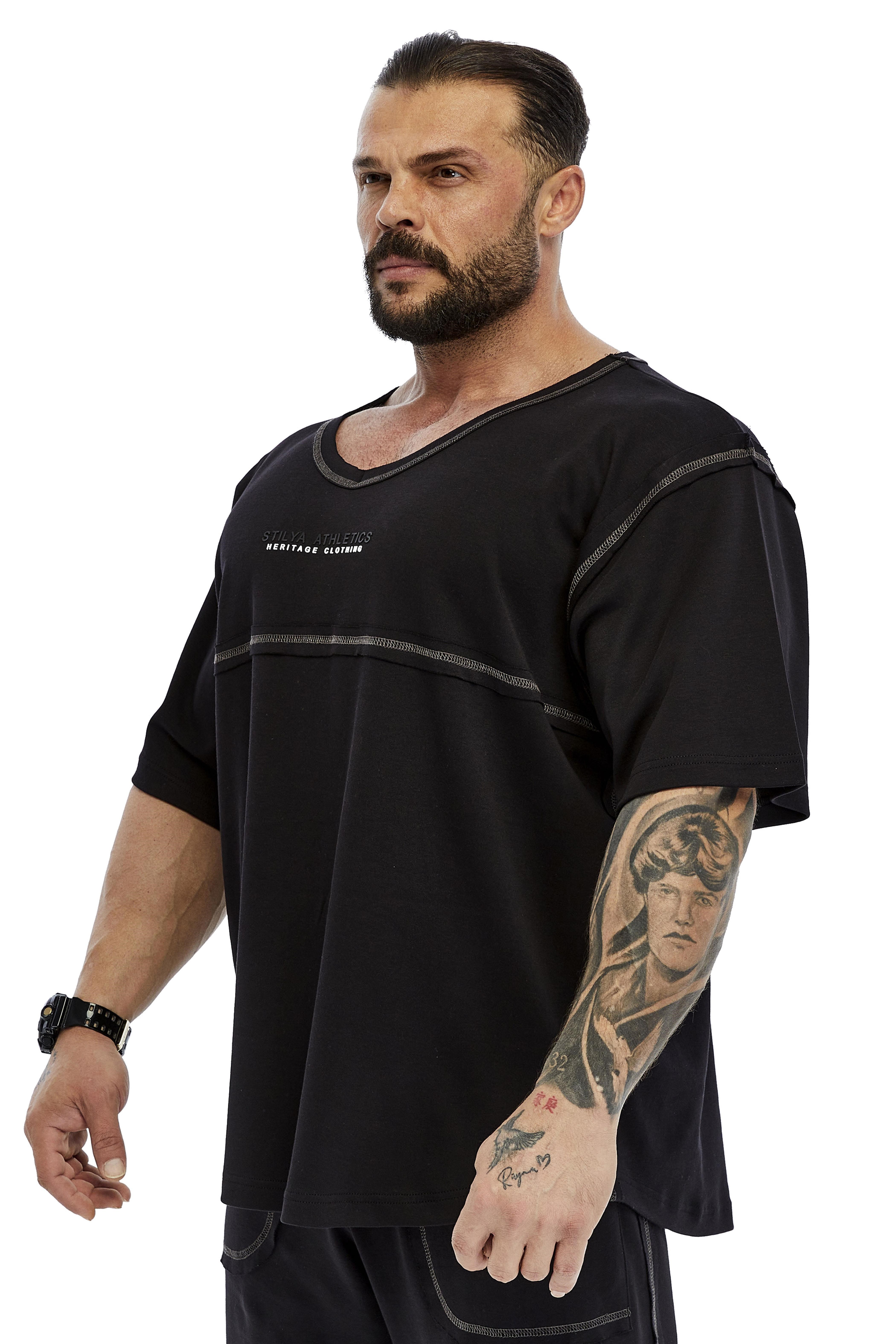 Erkek Oversize, Açık Yaka, Dikiş Detaylı Tişört Stilya 3384