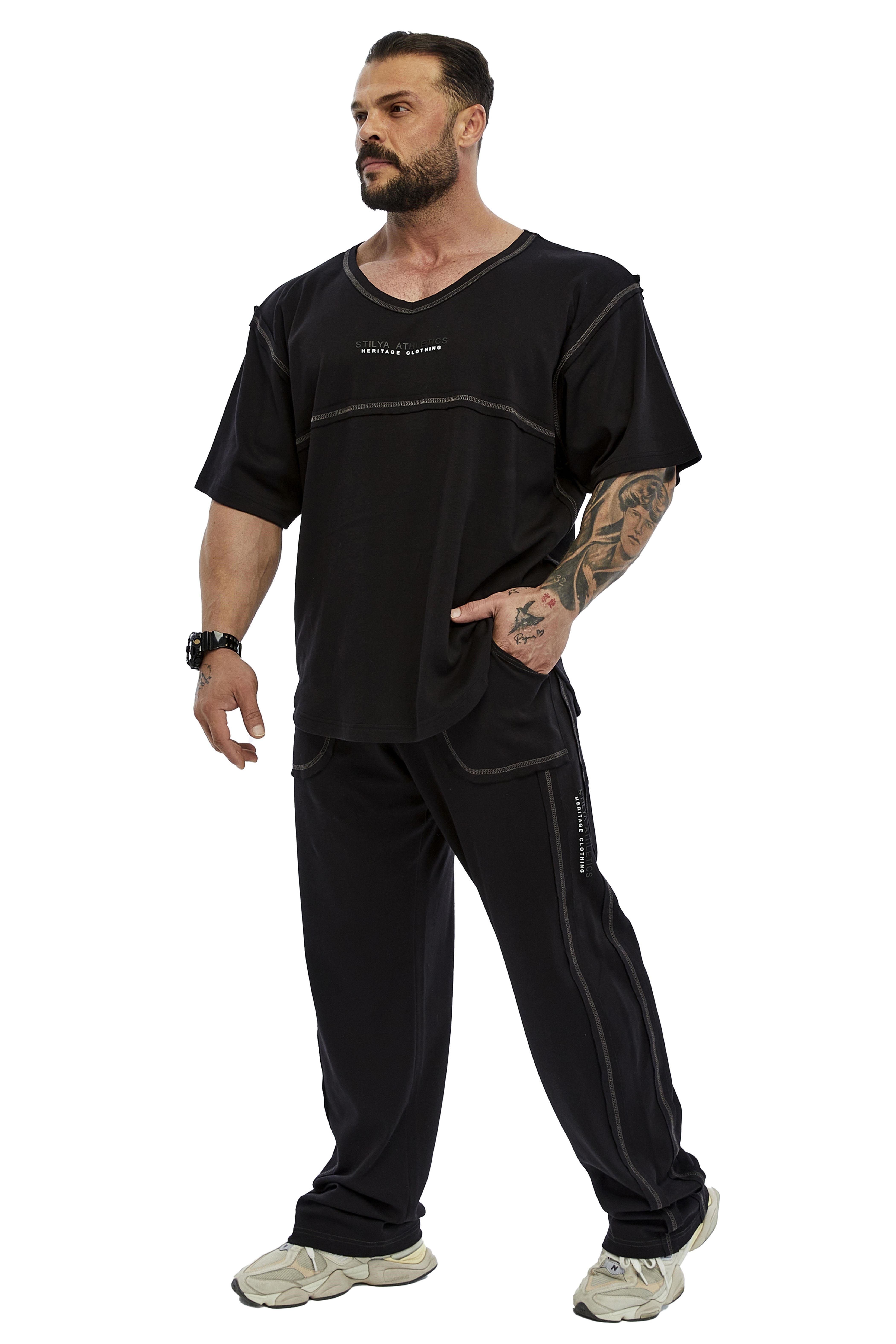 Erkek Oversize, Açık Yaka, Dikiş Detaylı Tişört Stilya 3384