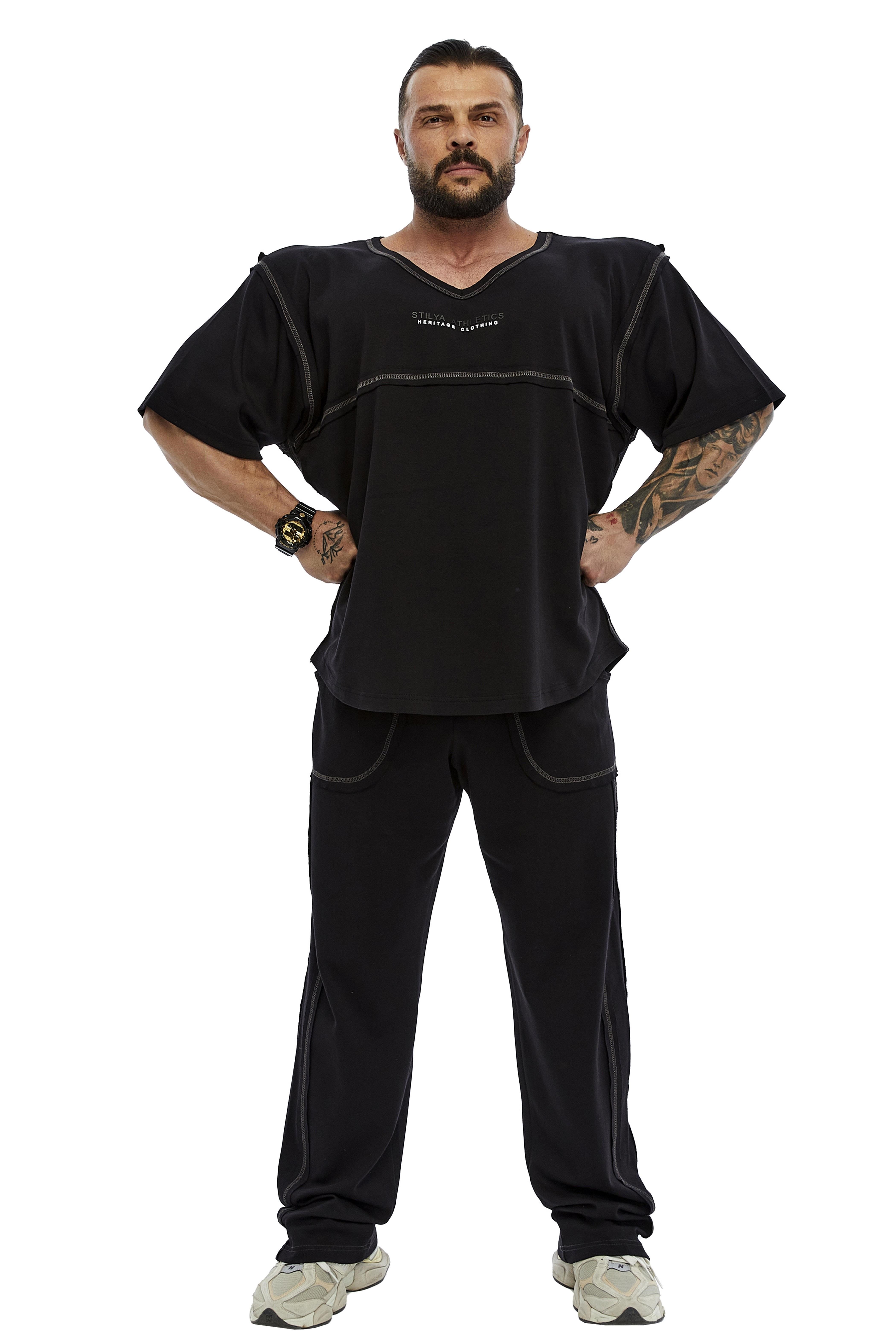 Erkek Oversize, Açık Yaka, Dikiş Detaylı Tişört Stilya 3384