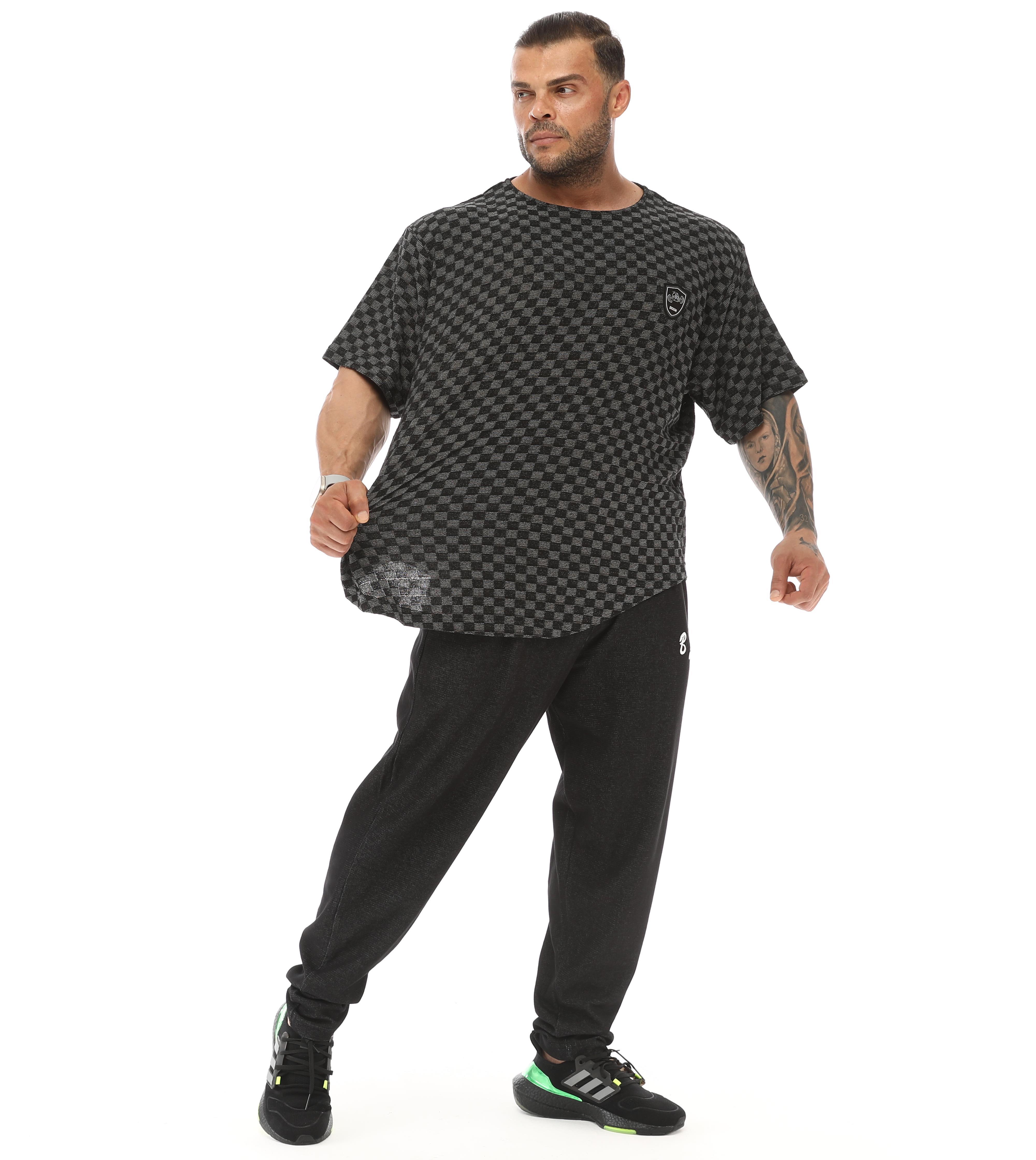 Erkek Oversize T-shirt Damalı Gym Rag Top 3337