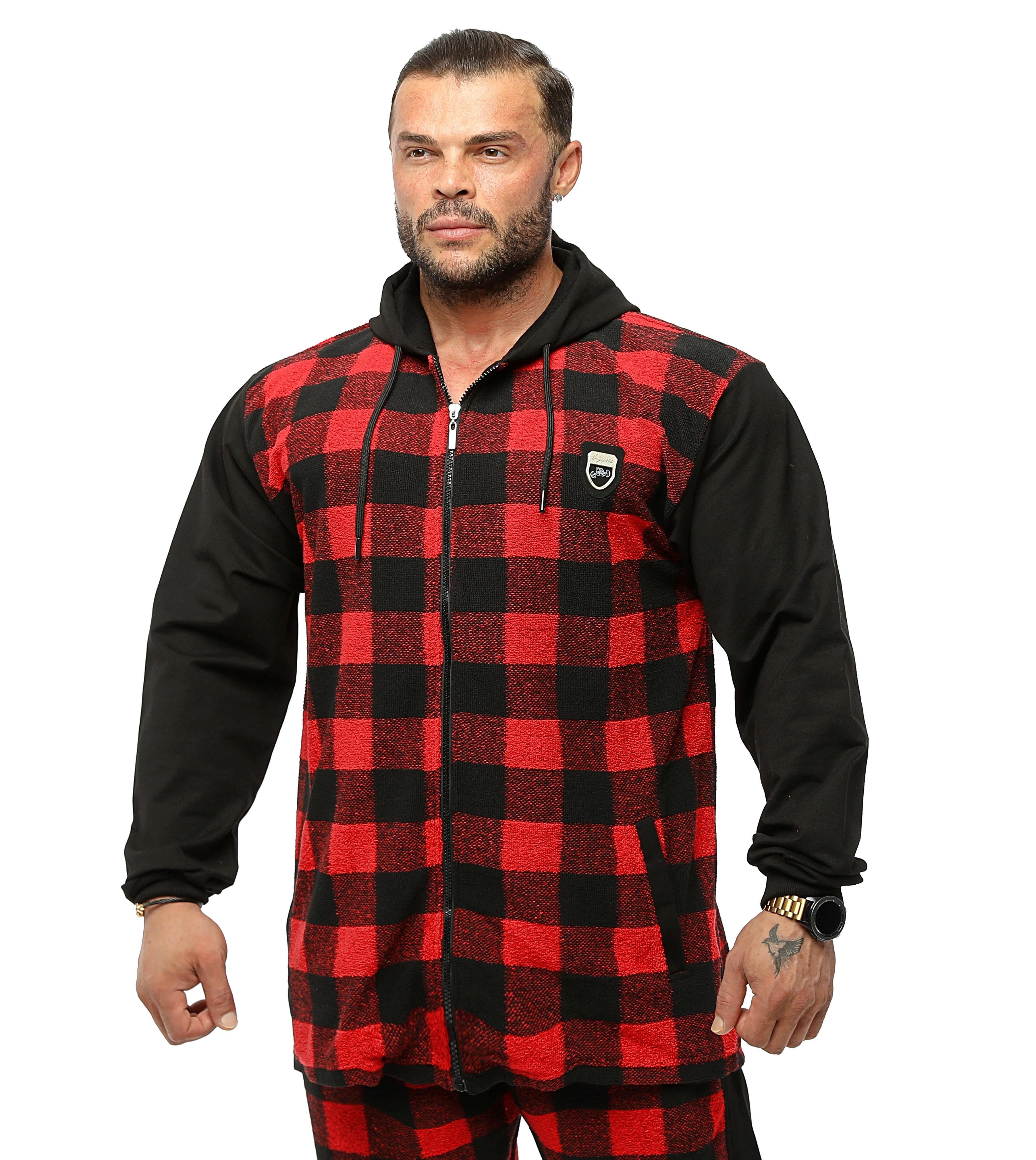 Kapşonlu Kışlık Eşofman Üstü Kareli Outdoor Spor Ceket