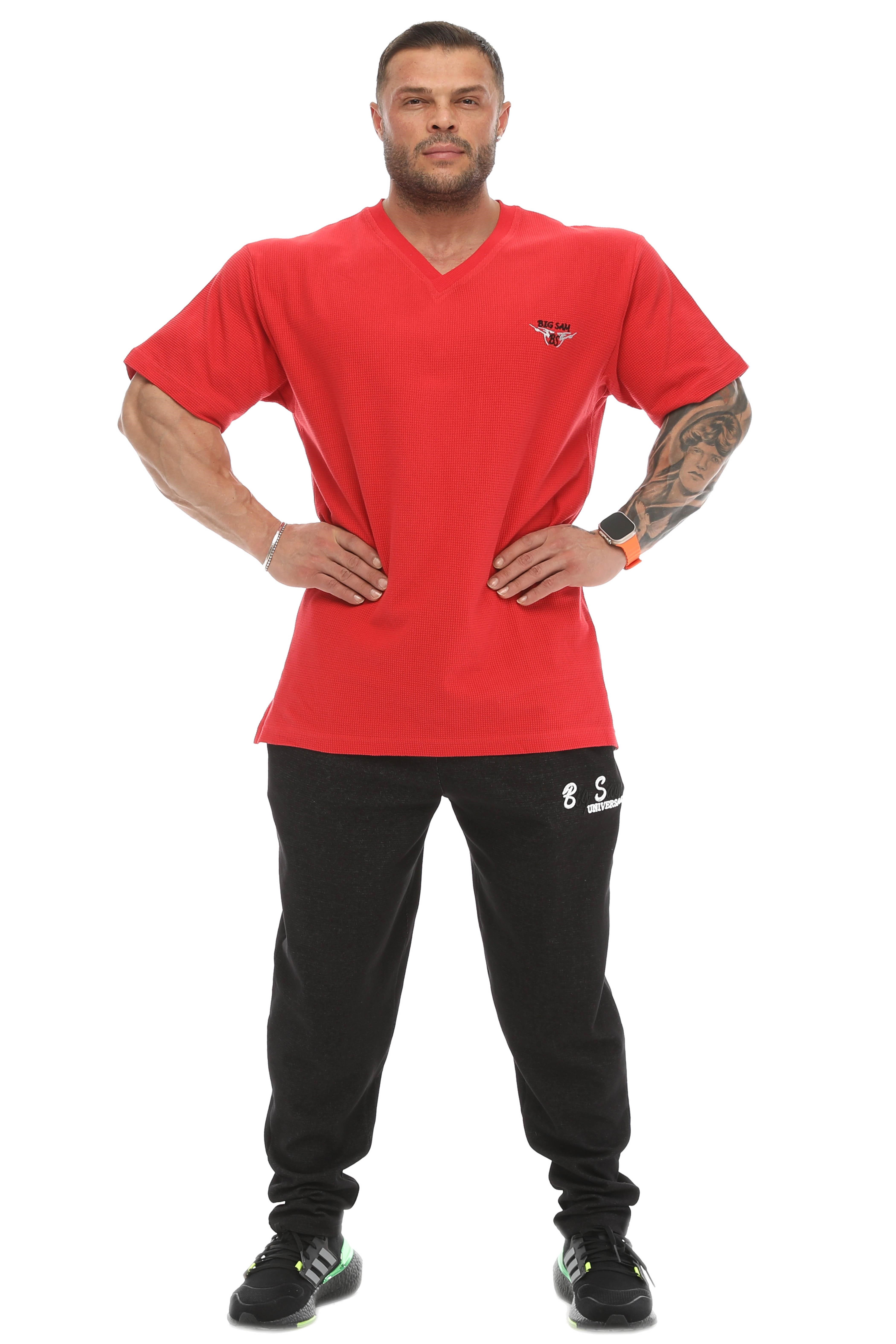 Oversize, V Yaka Waffle Kumaş Pamuklu Spor Tişört Big Sam 2726