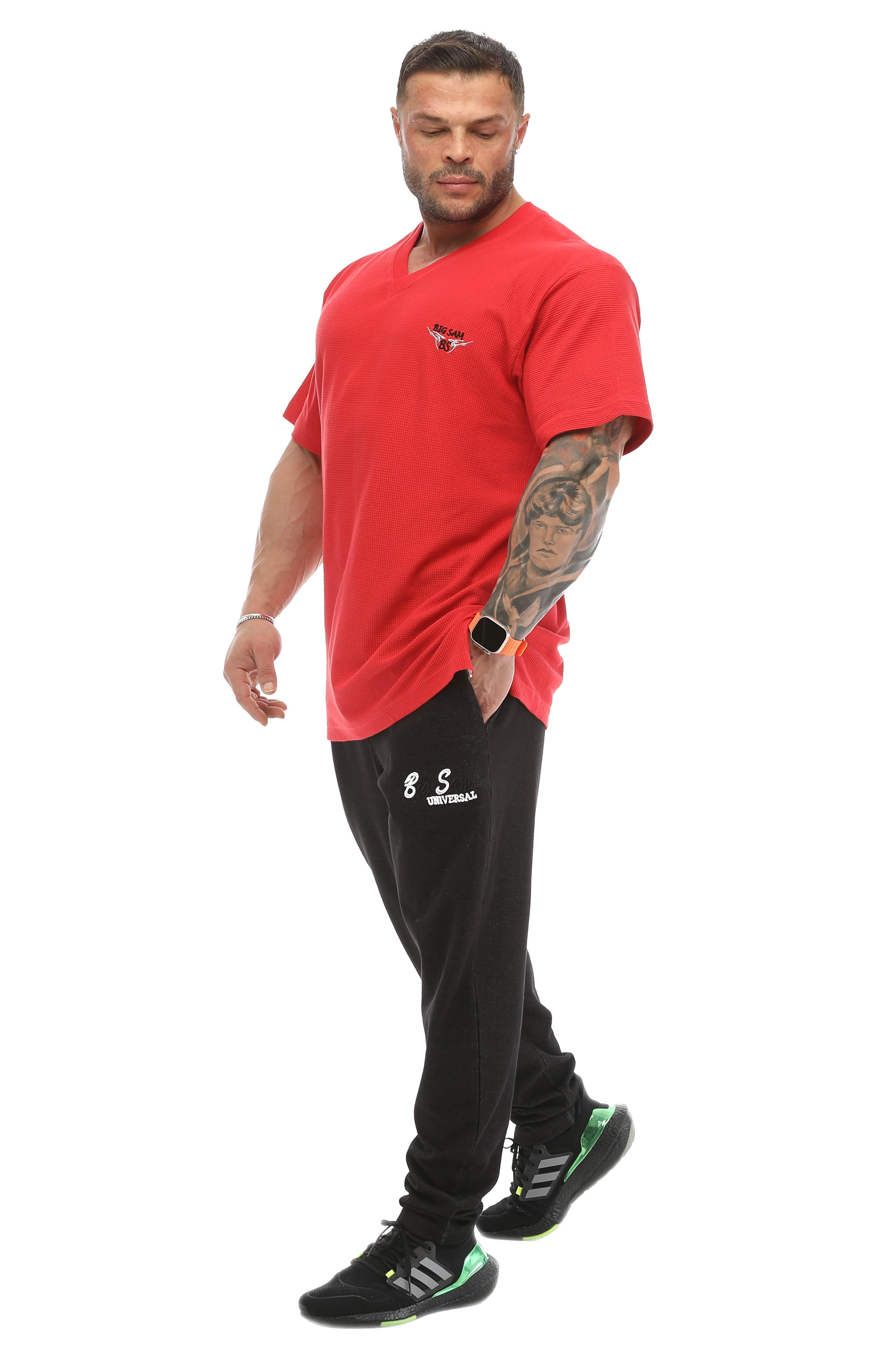 Oversize, V Yaka Waffle Kumaş Pamuklu Spor Tişört Big Sam 2726