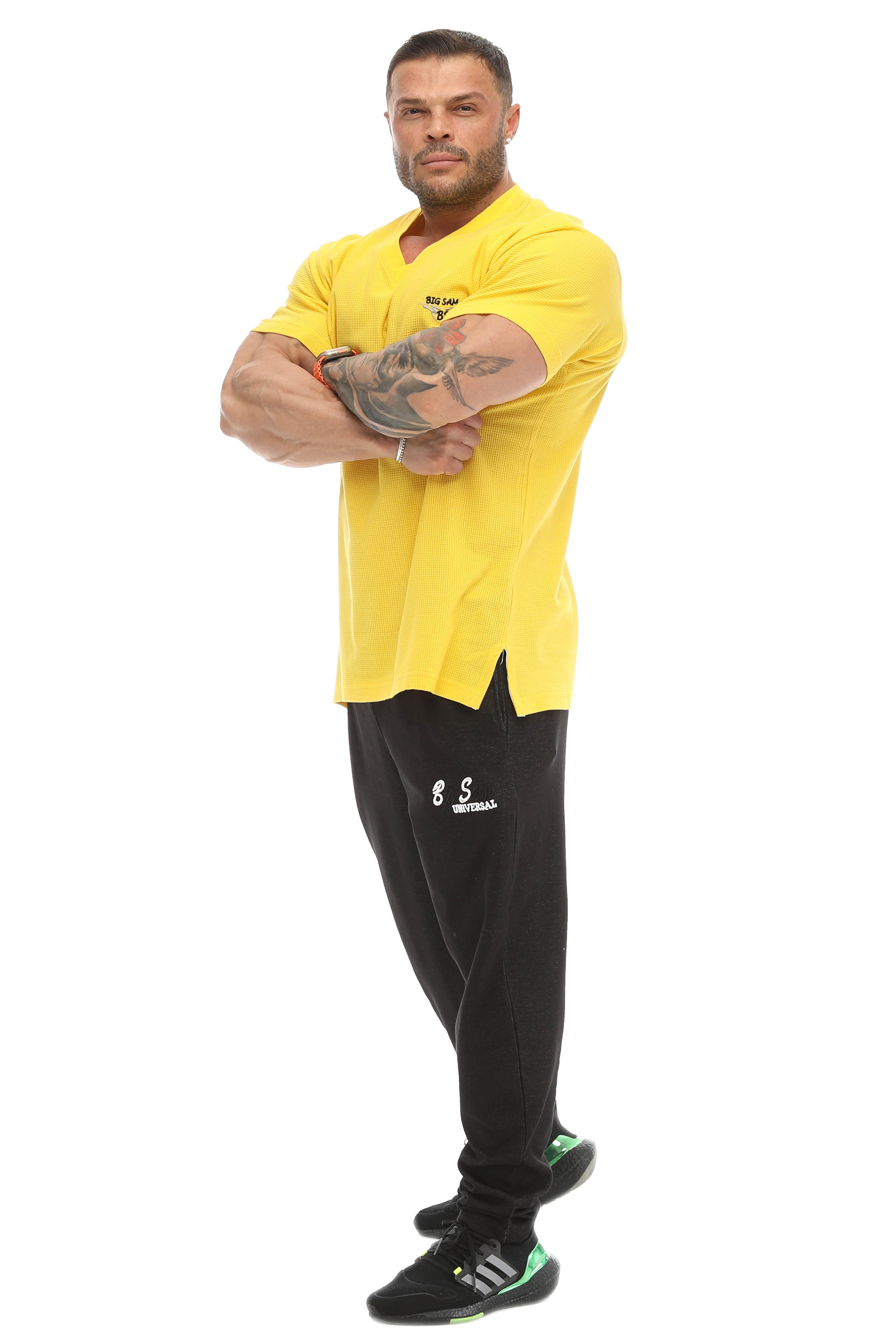Oversize, V Yaka Waffle Kumaş Pamuklu Spor Tişört Big Sam 2725