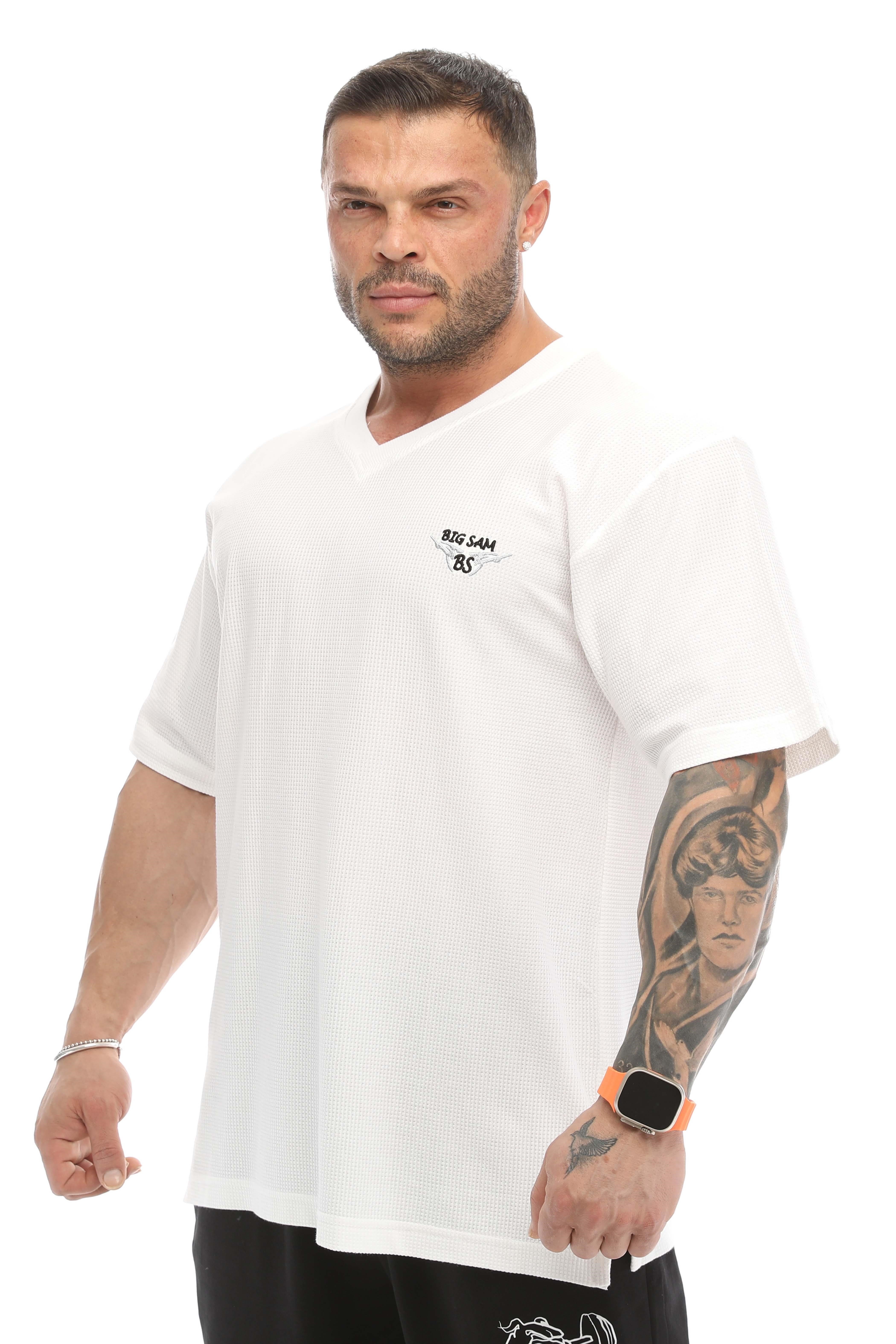 Oversize, V Yaka Waffle Kumaş Pamuklu Spor Tişört Big Sam 2727