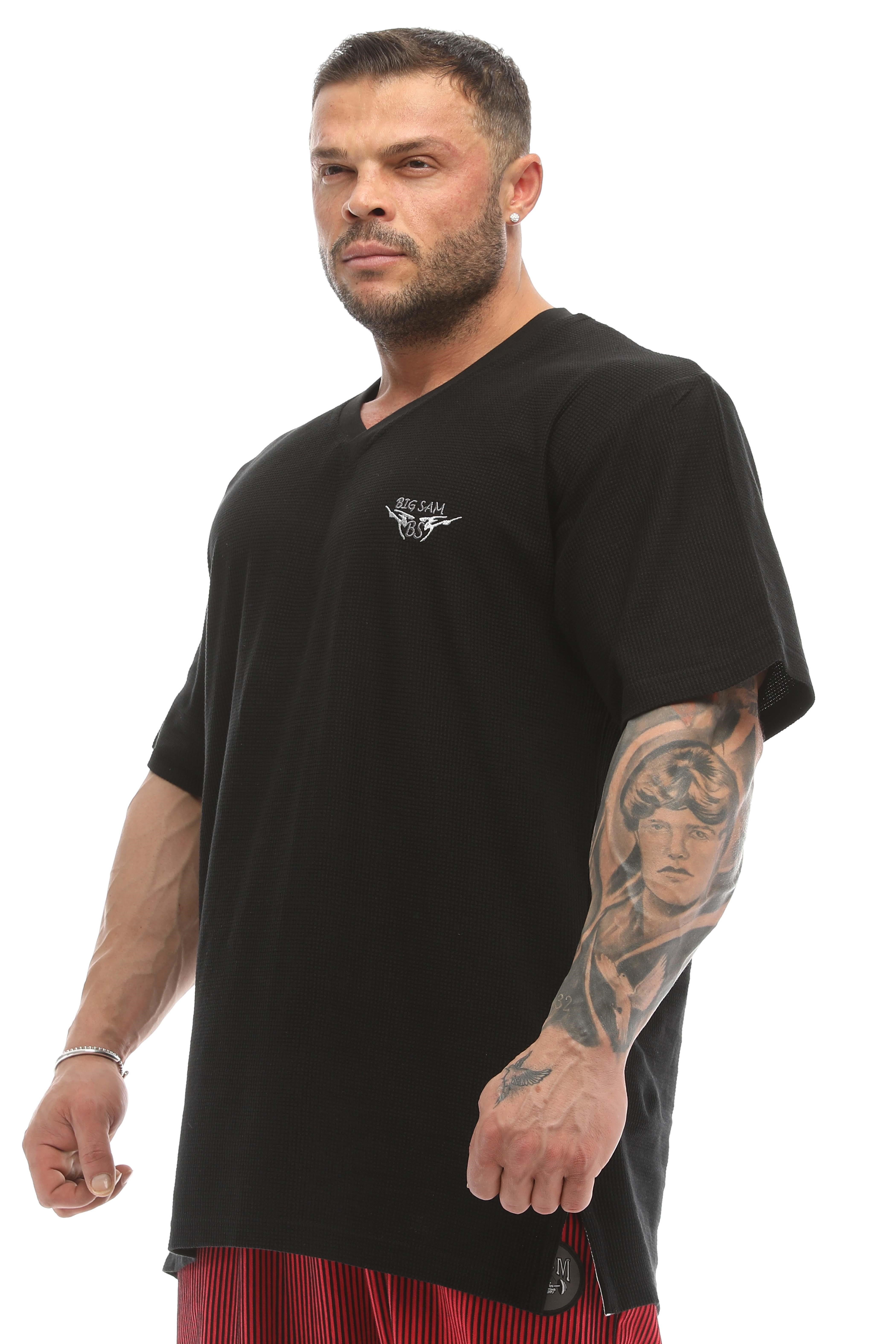 Oversize, V Yaka Waffle Kumaş Pamuklu Spor Tişört Big Sam 2728