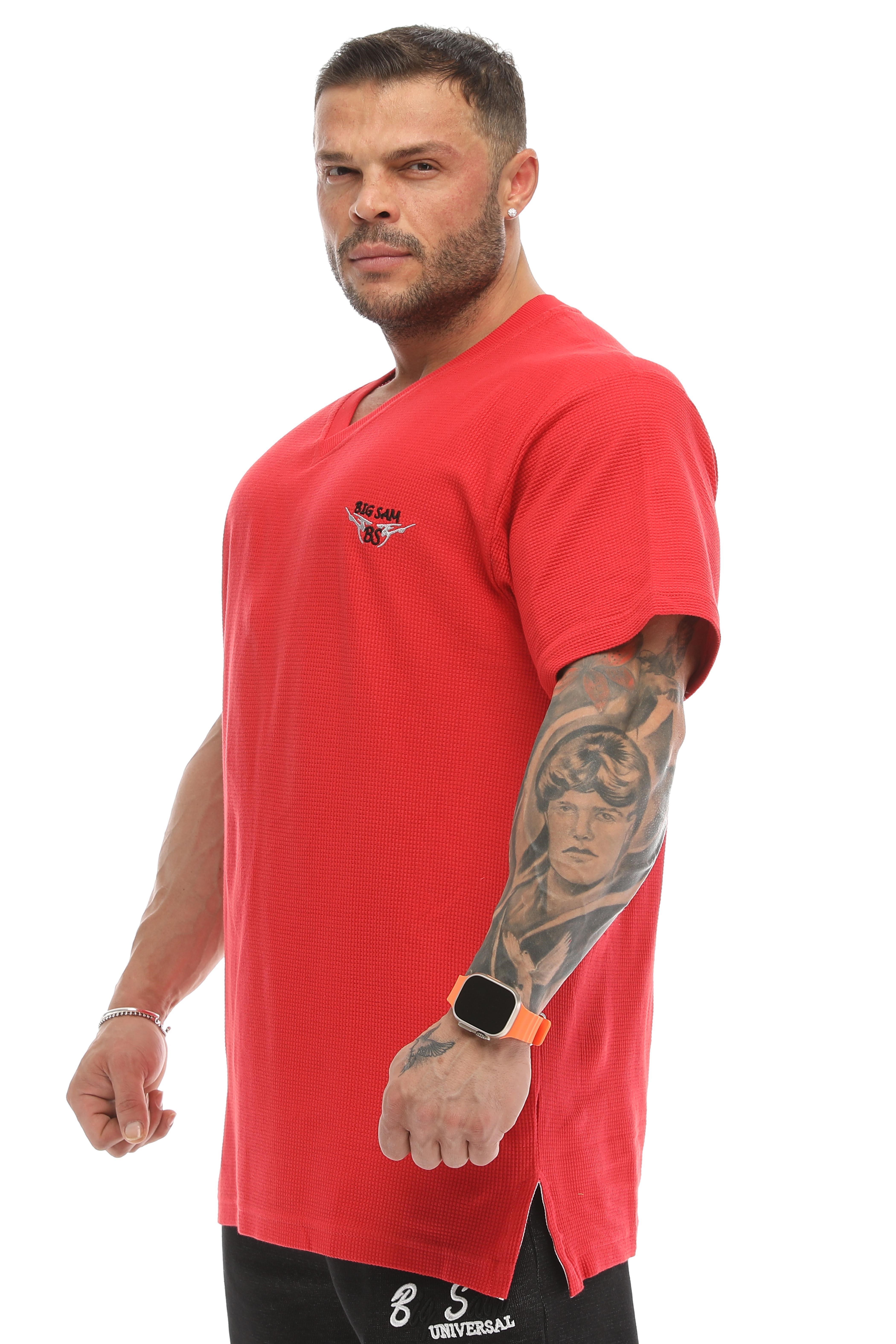 Oversize, V Yaka Waffle Kumaş Pamuklu Spor Tişört Big Sam 2726