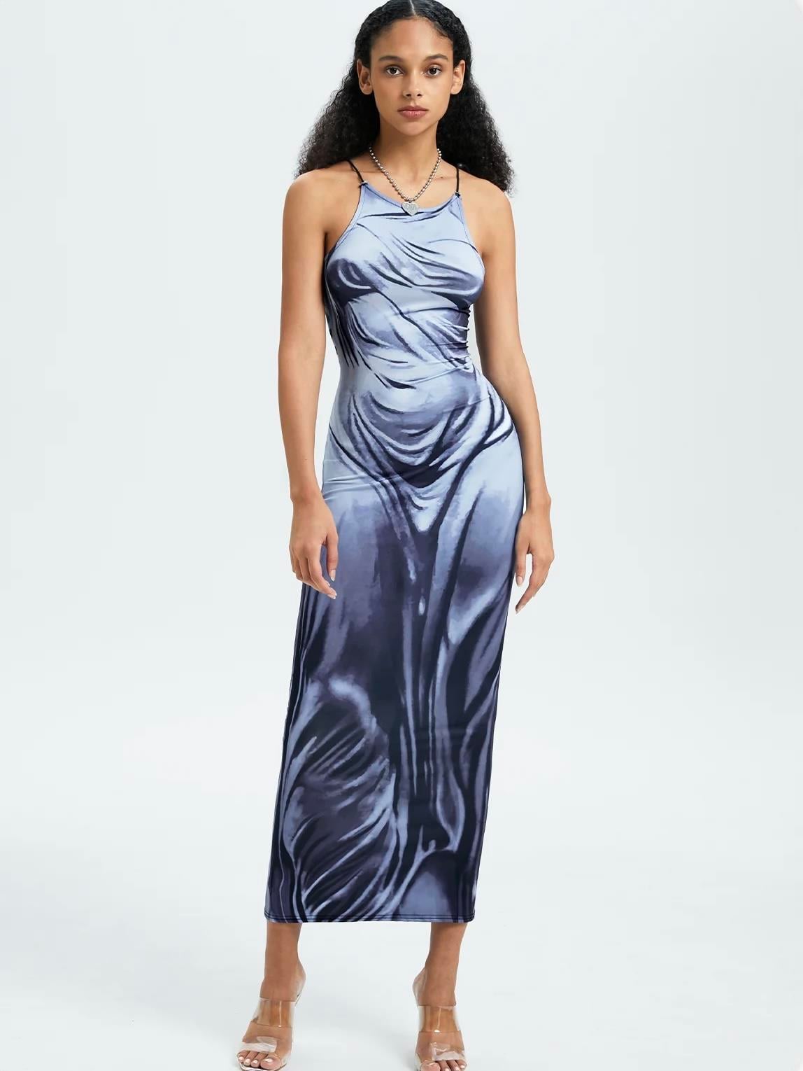 ASKILI VÜCUT BASKILI SİYAH ELBİSE