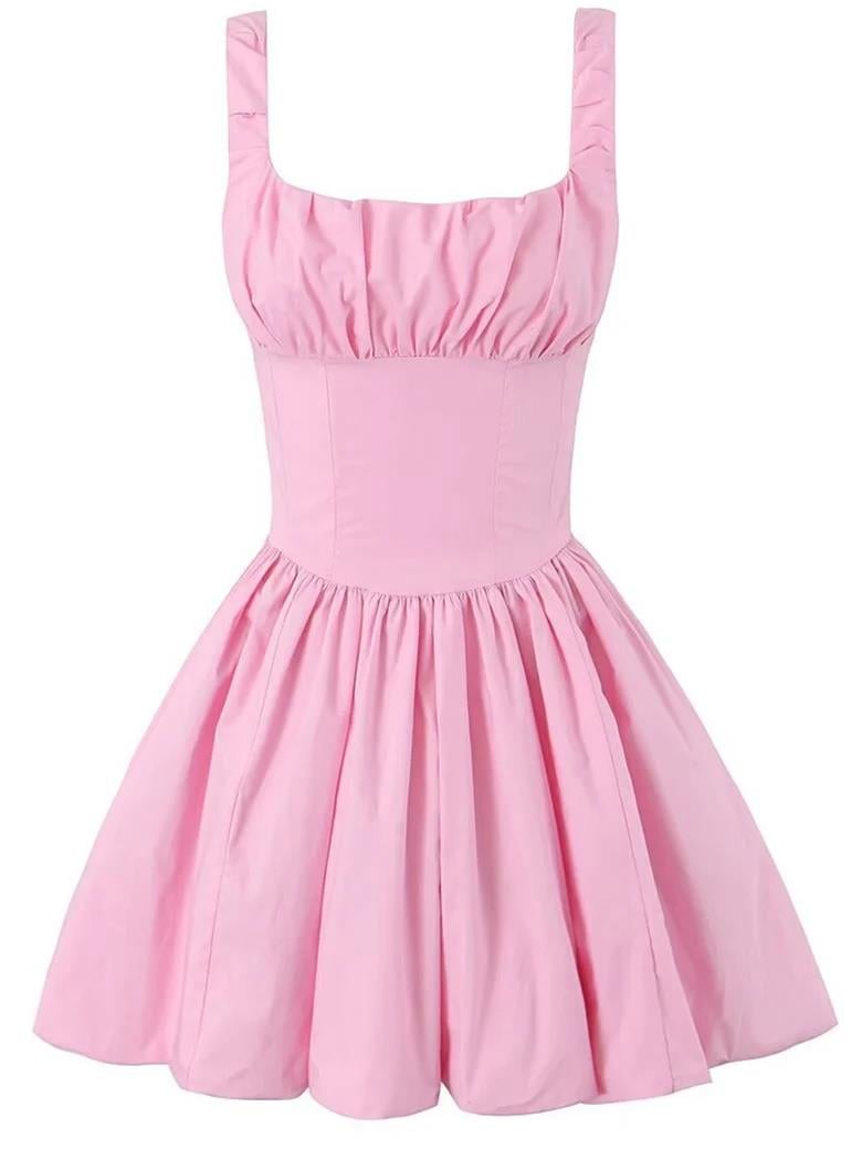 Balon Form Büzgülü Mini Pembe Elbise