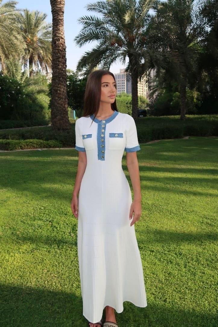 Denim Detaylı Triko Elbise