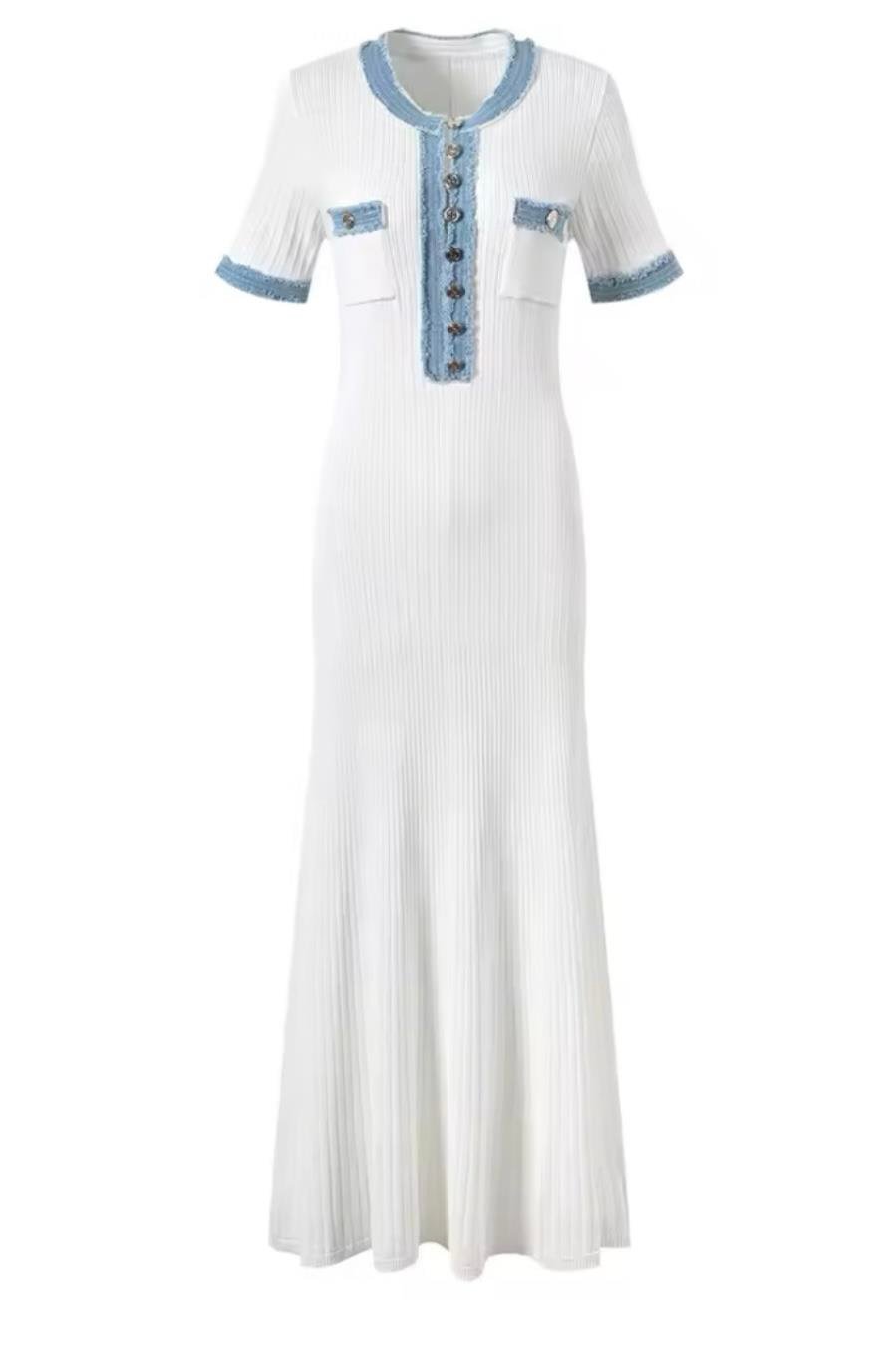 Denim Detaylı Triko Elbise