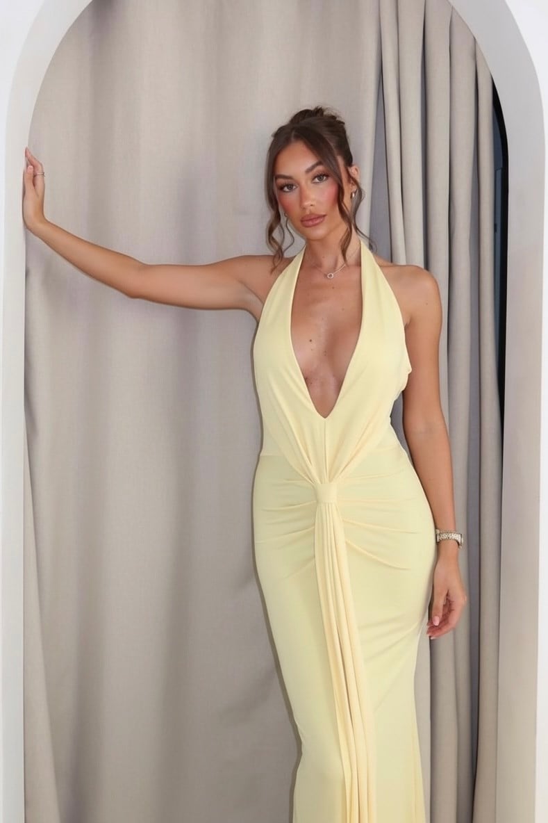 Derin V Yaka Dekolteli Uzun Elbise - Sarı