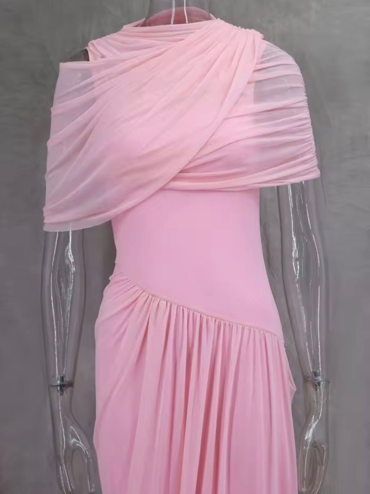 Drapeli Plise Formlu Asimetrik Tül  Elbise - Pembe