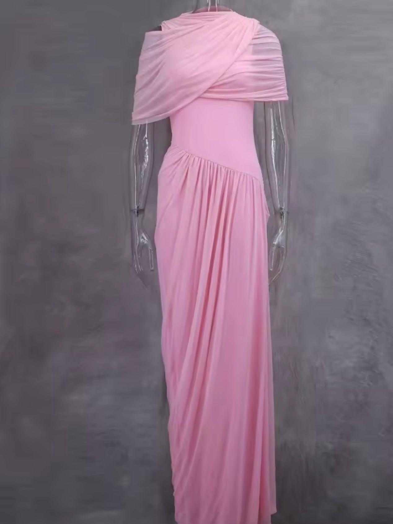 Drapeli Plise Formlu Asimetrik Tül  Elbise - Pembe