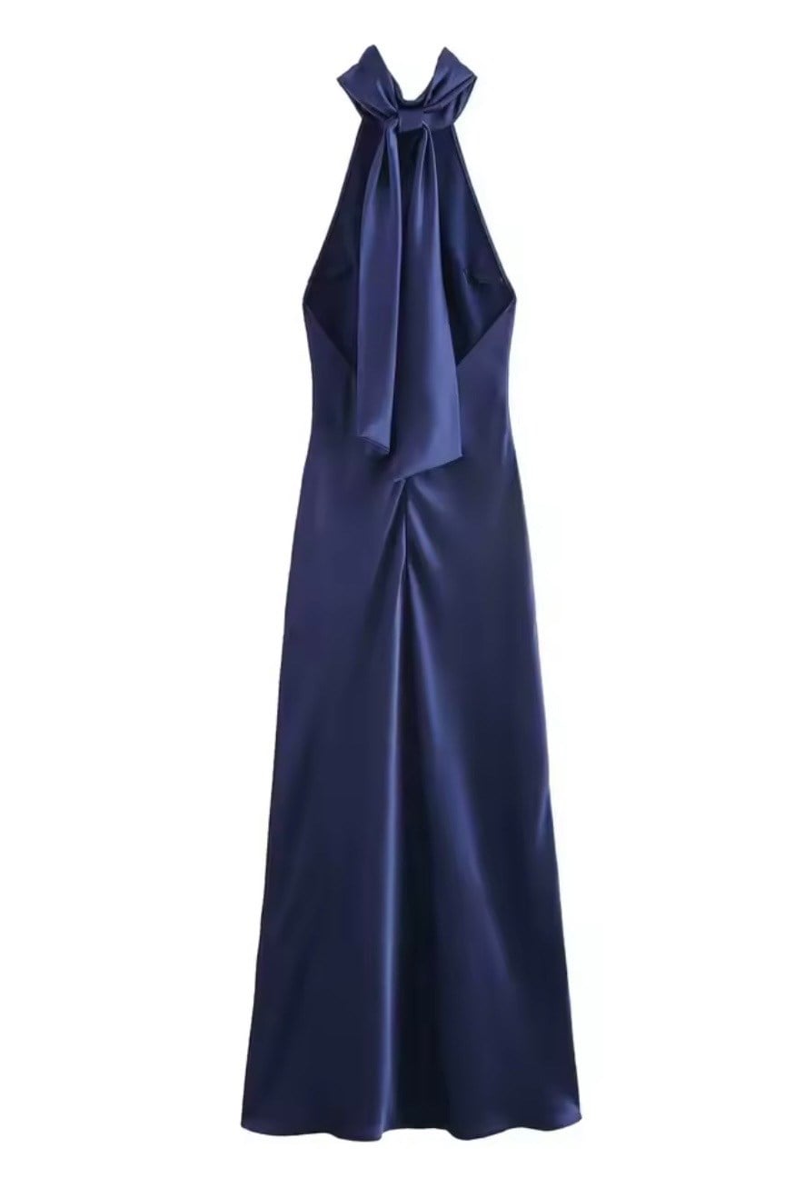 Halter Yaka Sırt Dekolteli Midi Saten Elbise - Lacivert