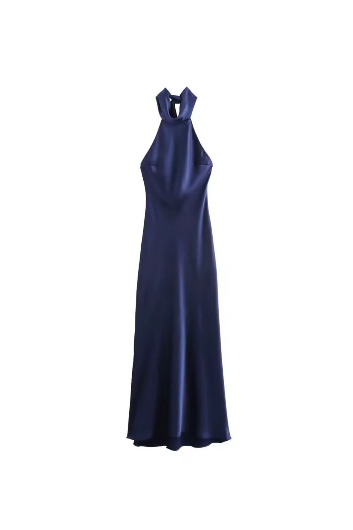 Halter Yaka Sırt Dekolteli Midi Saten Elbise - Lacivert