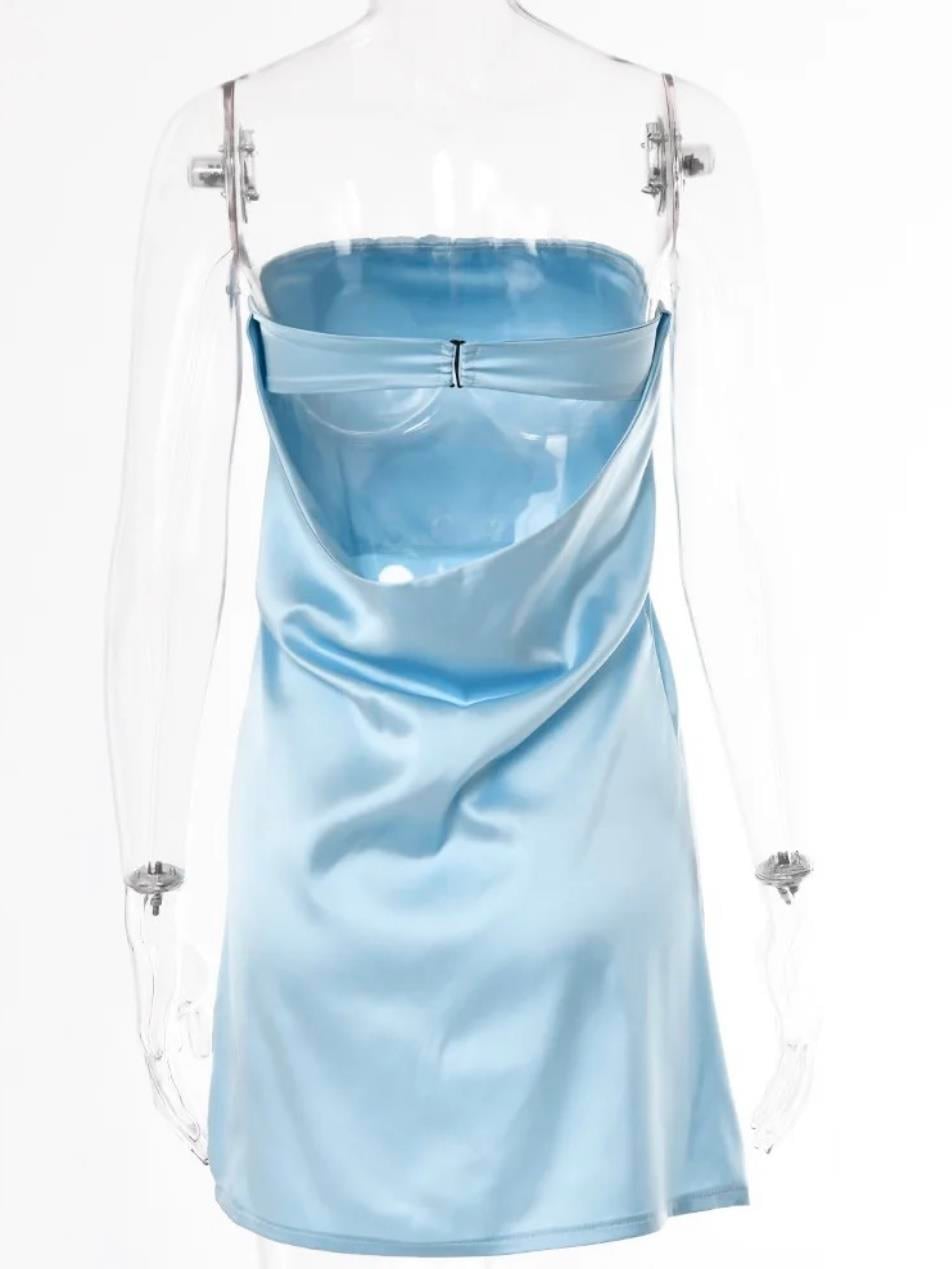 HAZEL SIRT DEKOLTELİ MİNİ MAVİ SATEN ELBİSE