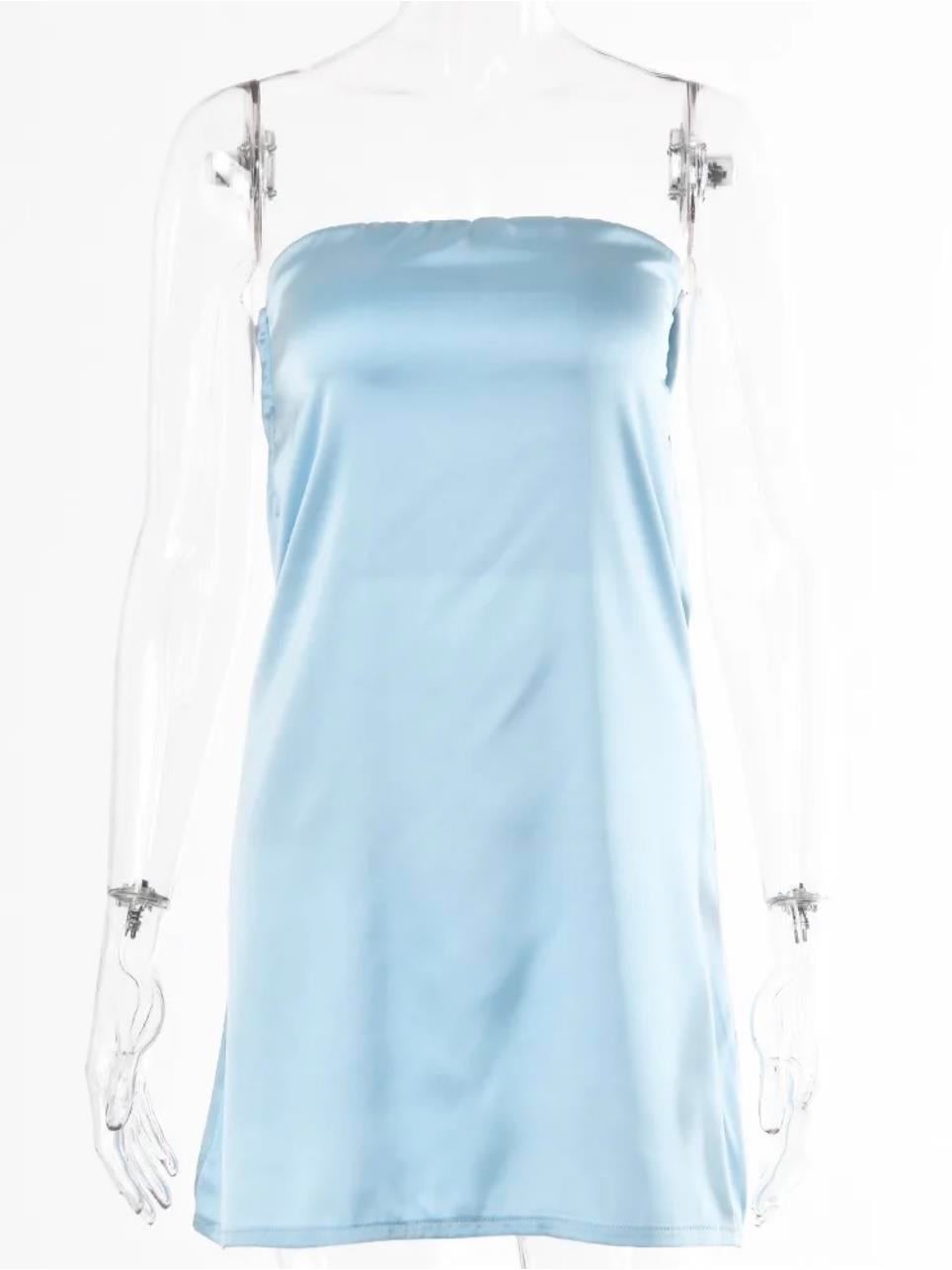 HAZEL SIRT DEKOLTELİ MİNİ MAVİ SATEN ELBİSE