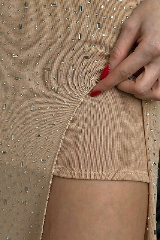 Nude Taş İşlemeli Transparan Elbise