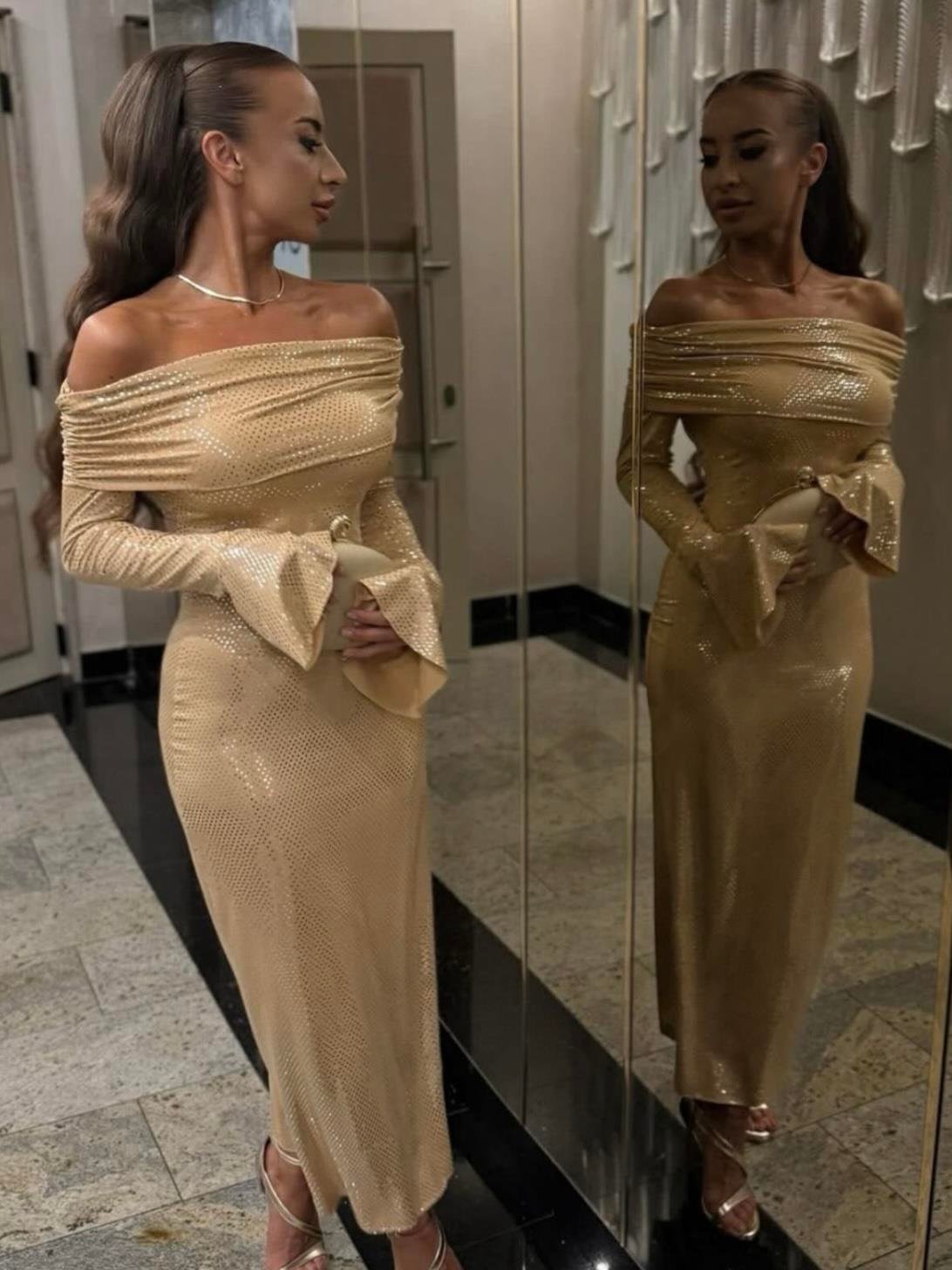 Parlak Omuz Dekolteli Elbise - Nude
