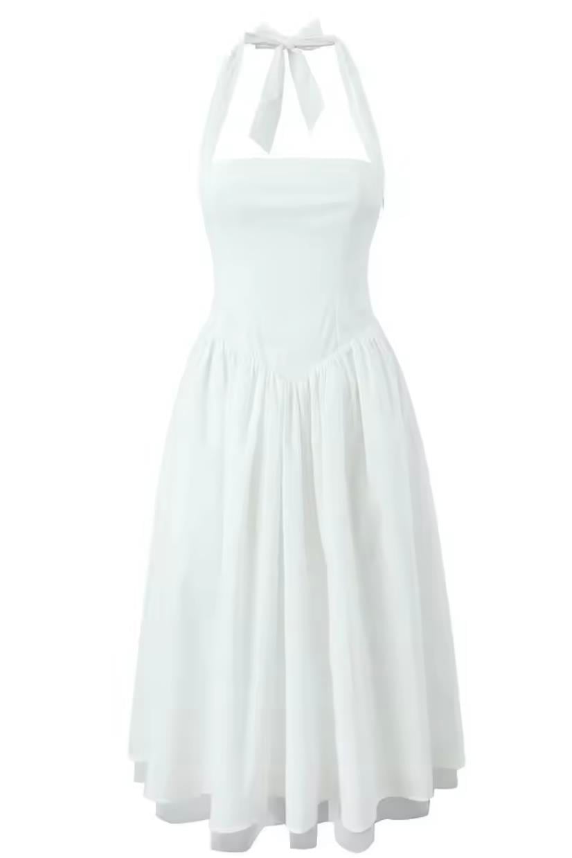 Pliseli Beyaz Midi Elbise