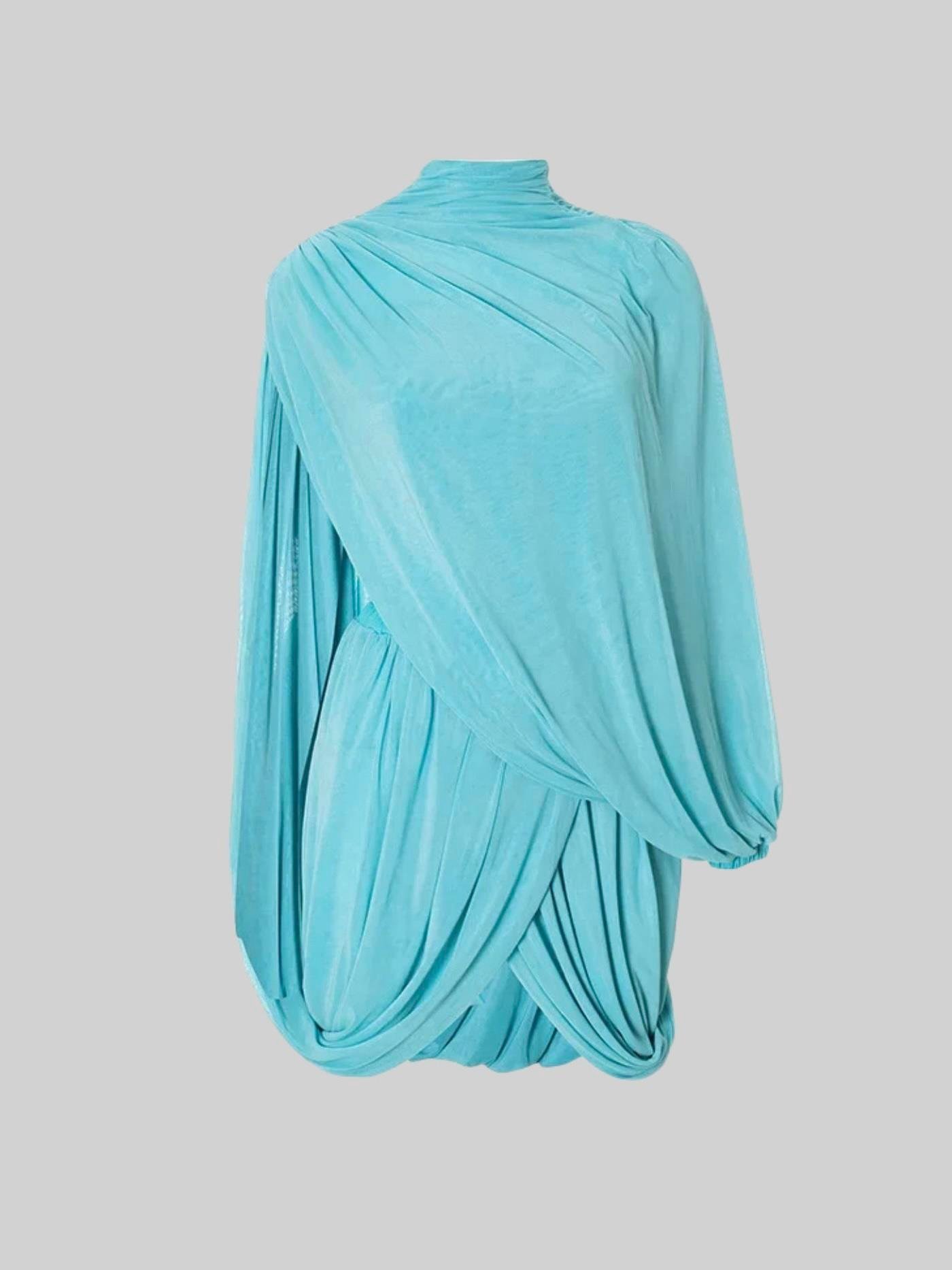 TEK OMUZ DRAPELİ MAVİ MİNİ ELBİSE