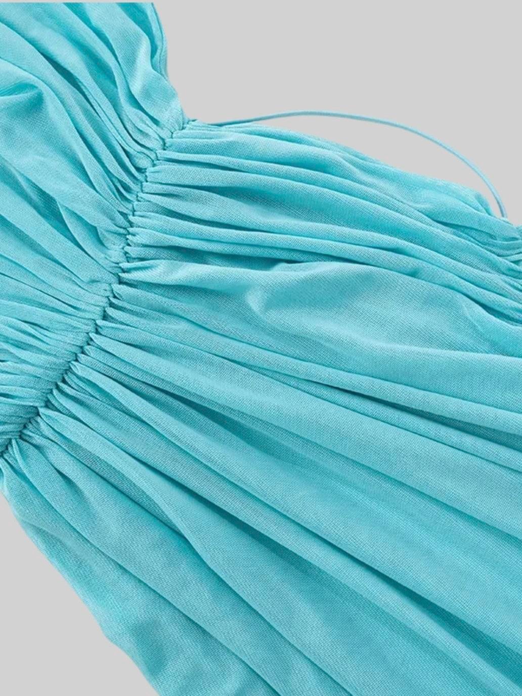 TEK OMUZ DRAPELİ MAVİ MİNİ ELBİSE