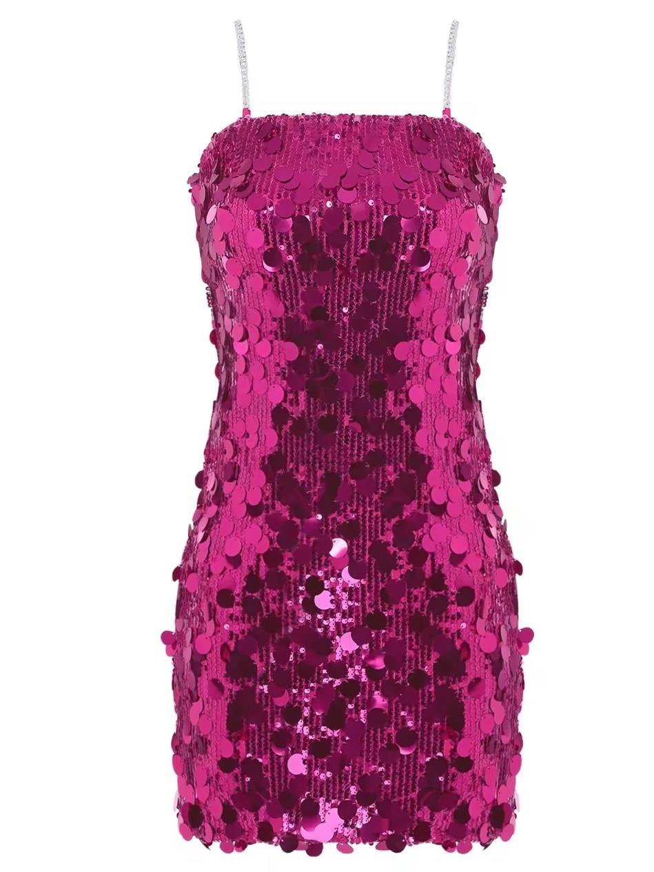 ZİNCİR ASKILI PAYET ELBİSE - PEMBE