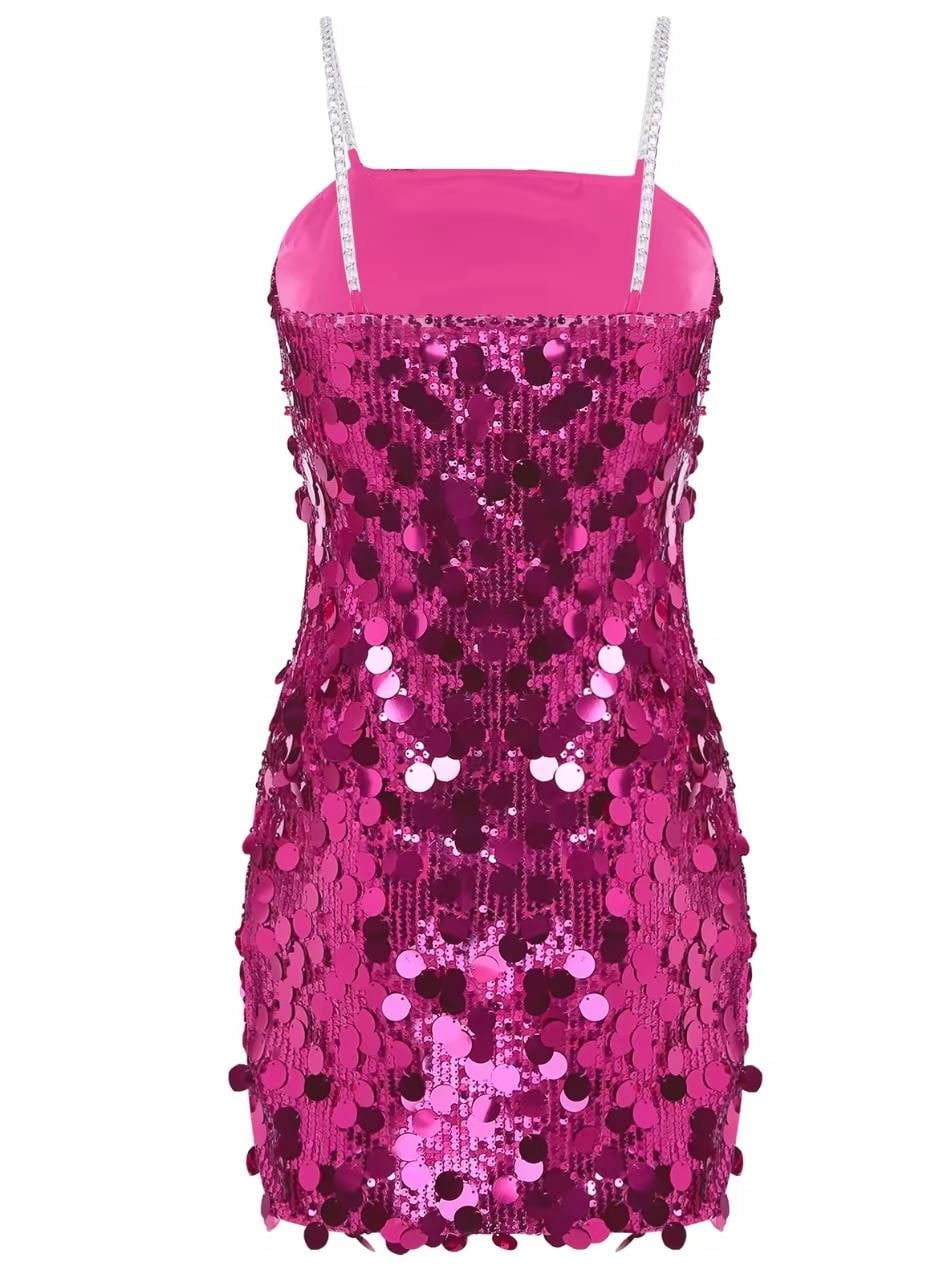 ZİNCİR ASKILI PAYET ELBİSE - PEMBE