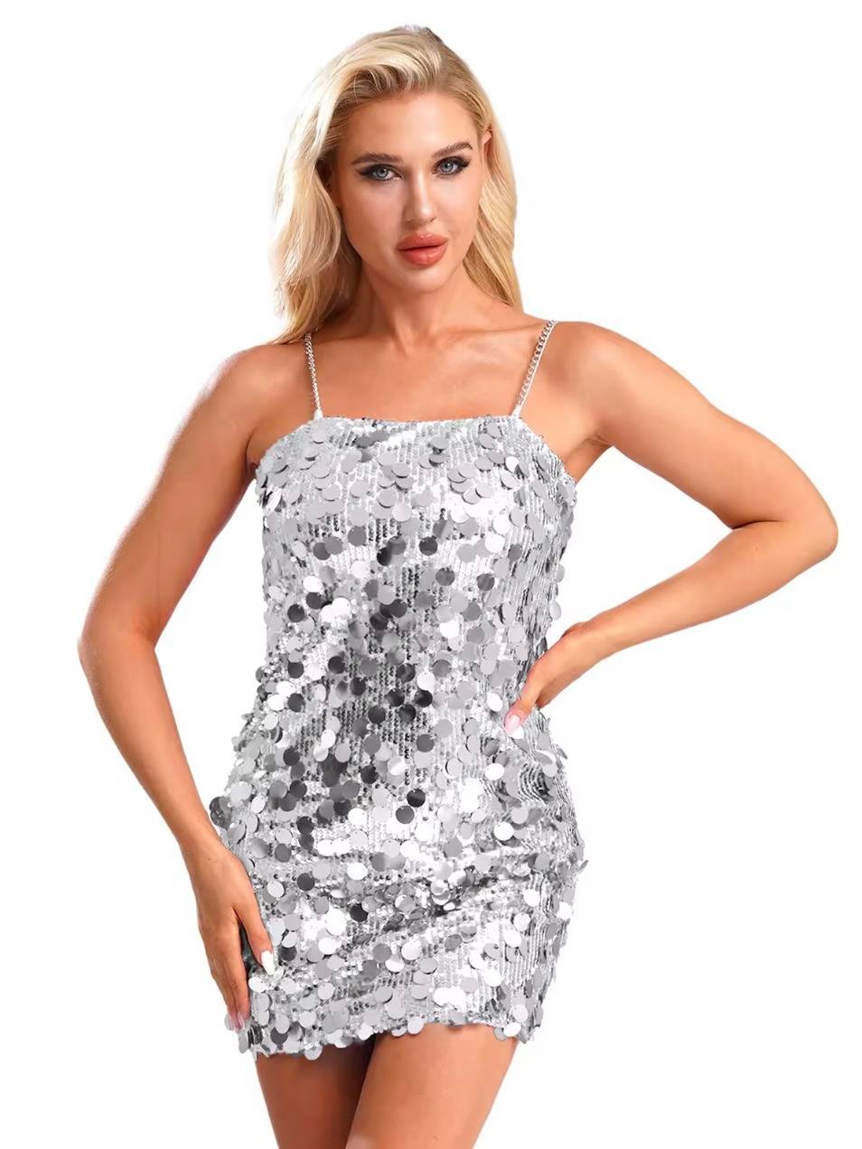 ZİNCİR ASKILI PAYET ELBİSE - SILVER