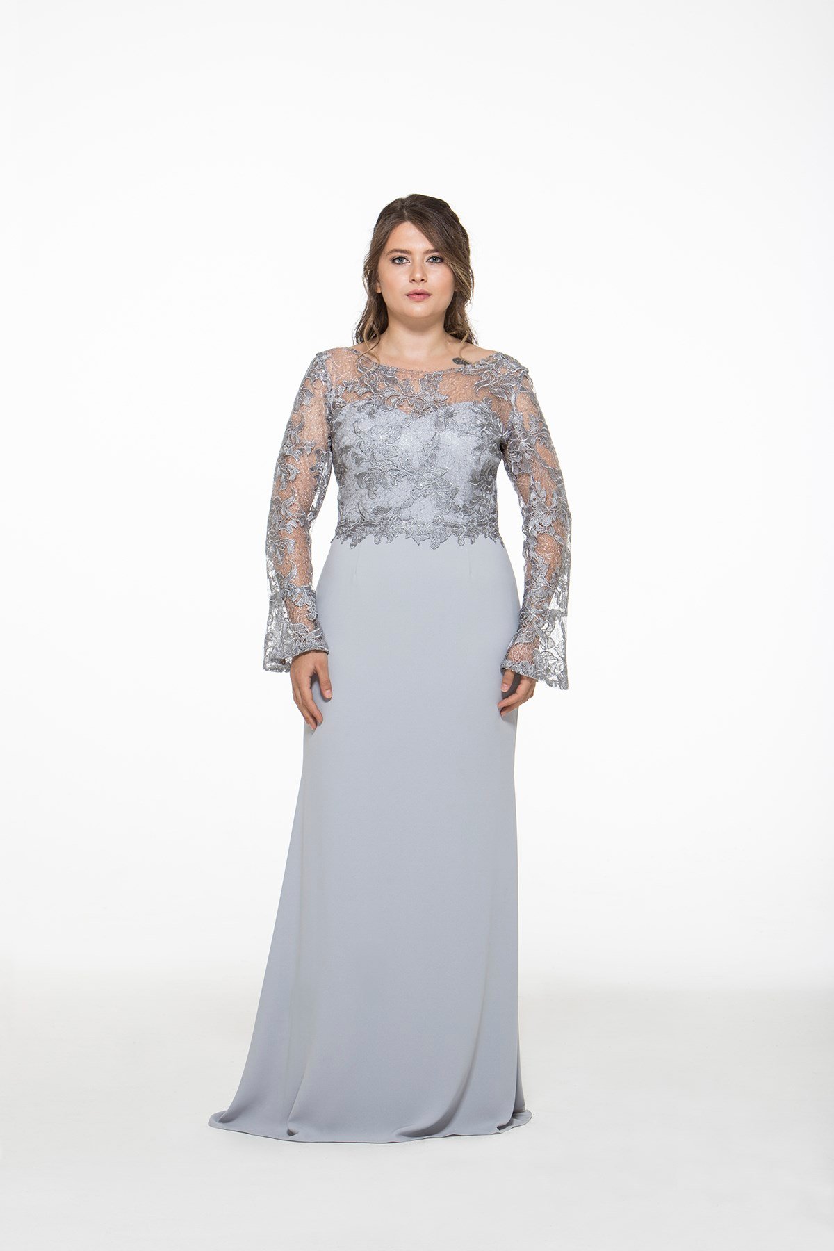 4892CD Üstü Dantel Kolları Valonlu Krep Elbise