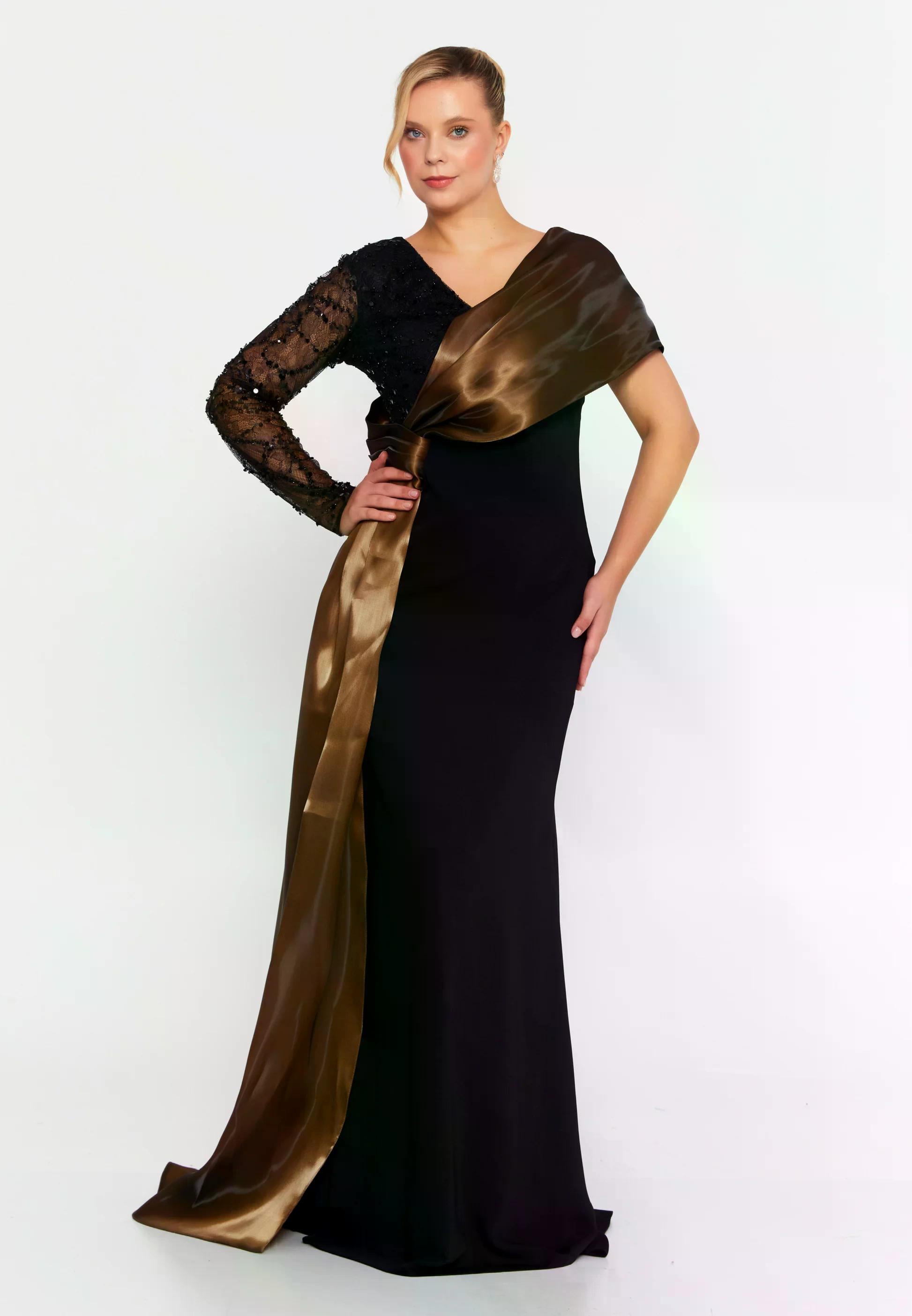 6105CPY TEK KOLU UZUN PAYETLİ KREP  ELBİSE