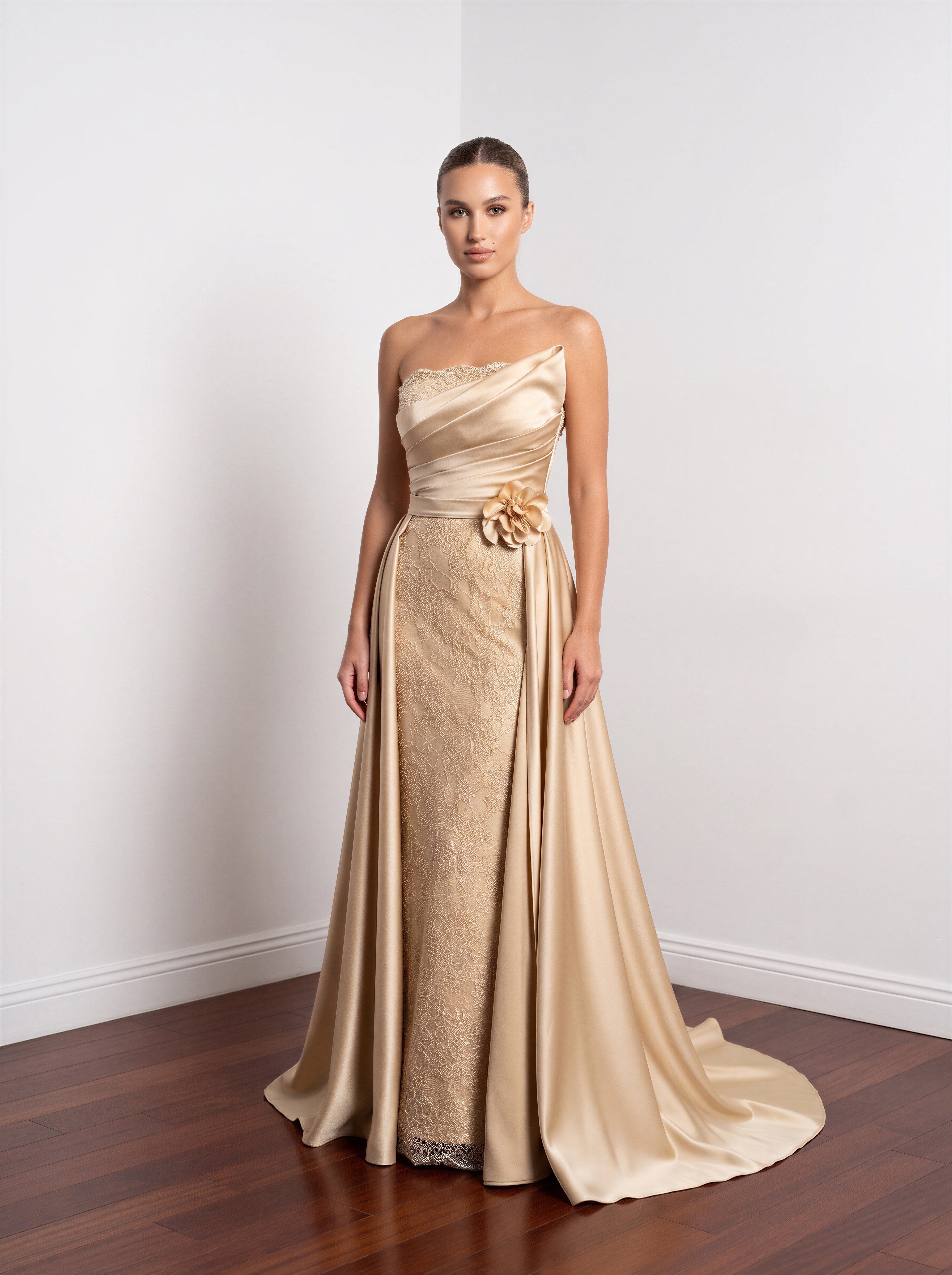 6297SDA STRAPLEZ DANTELLİ SATEN ELBİSE