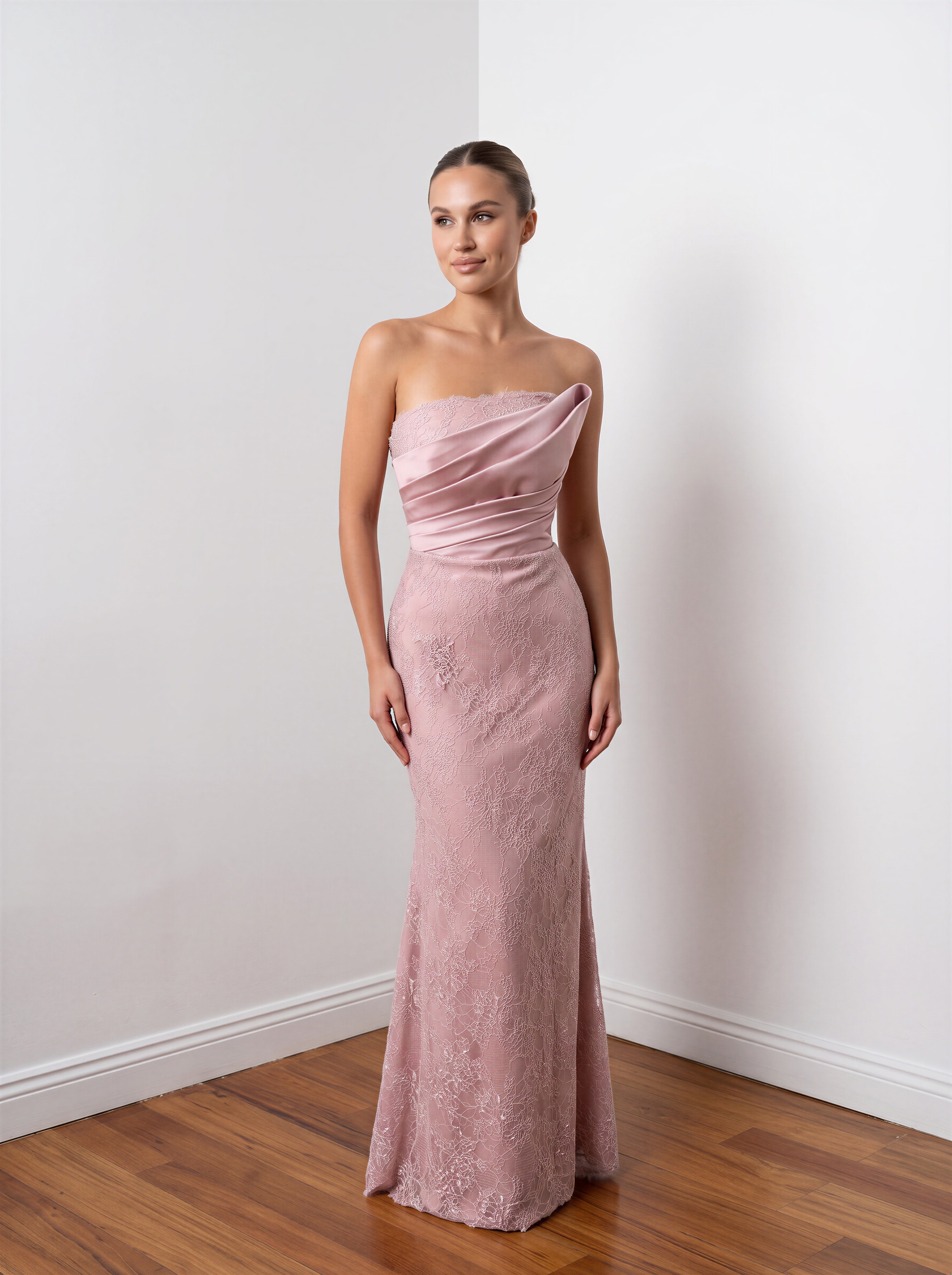6297SDA STRAPLEZ DANTELLİ SATEN ELBİSE