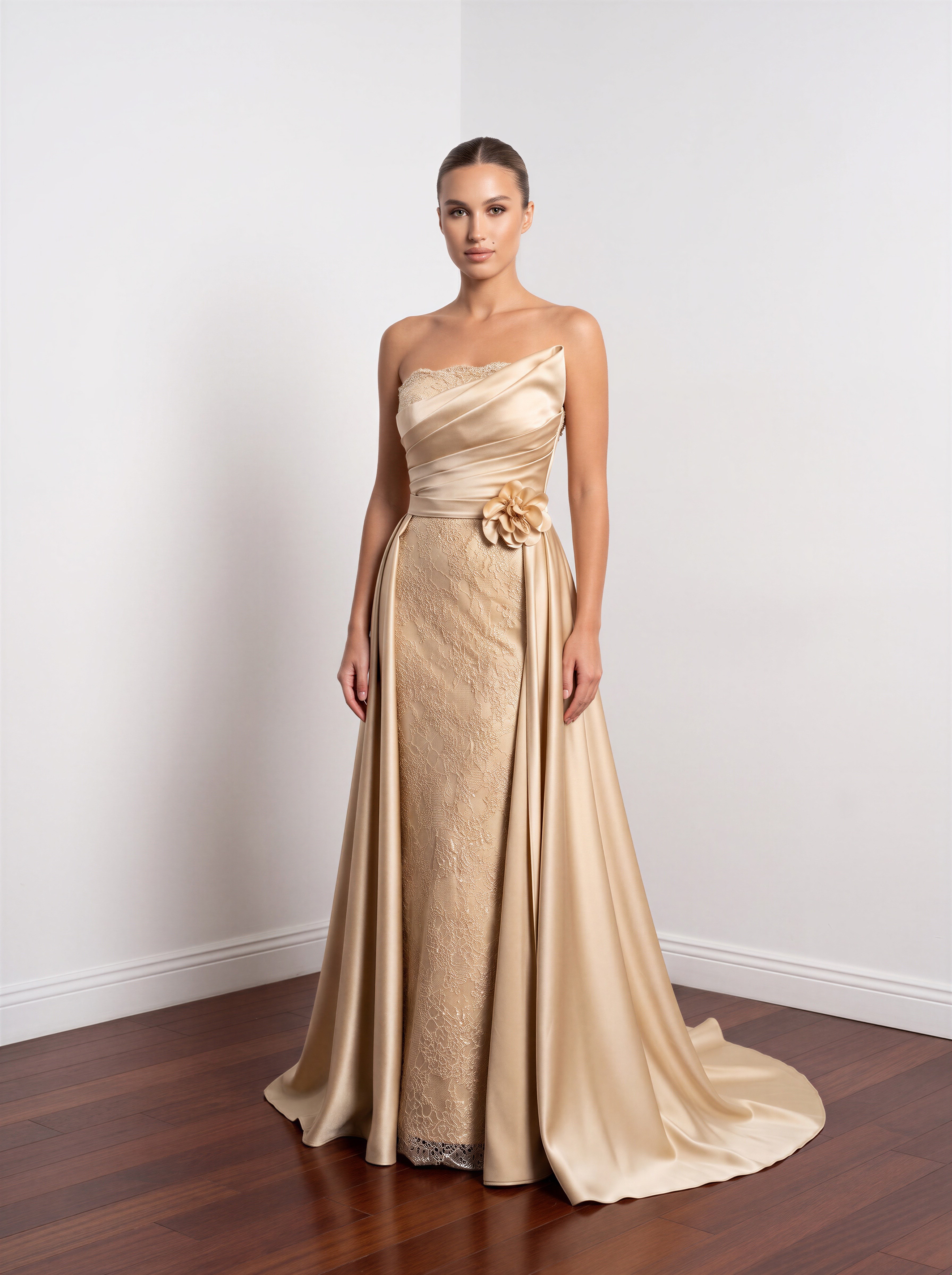 6297SDA STRAPLEZ DANTELLİ SATEN ELBİSE