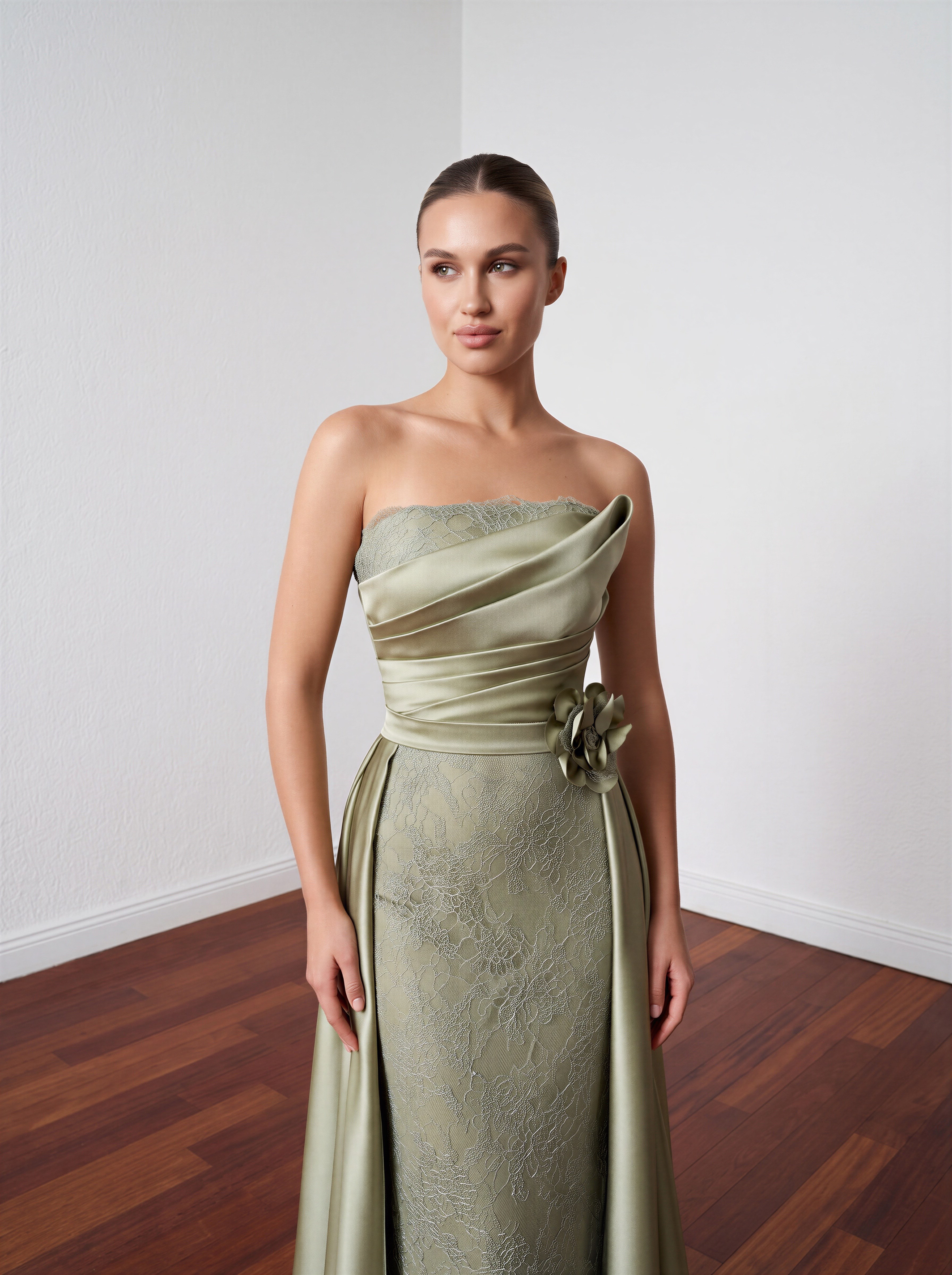 6297SDA STRAPLEZ DANTELLİ SATEN ELBİSE