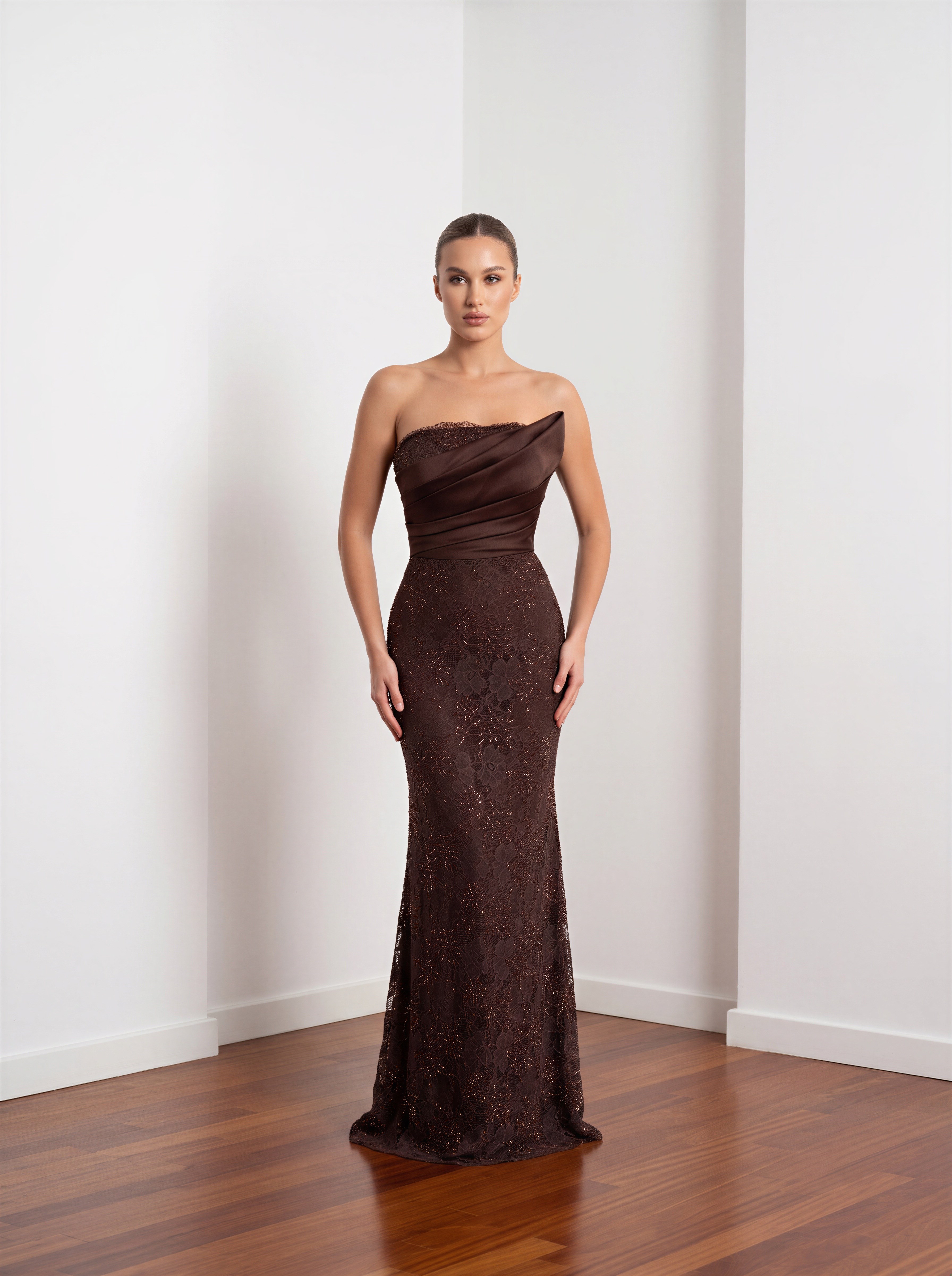 6297SDA STRAPLEZ DANTELLİ SATEN ELBİSE