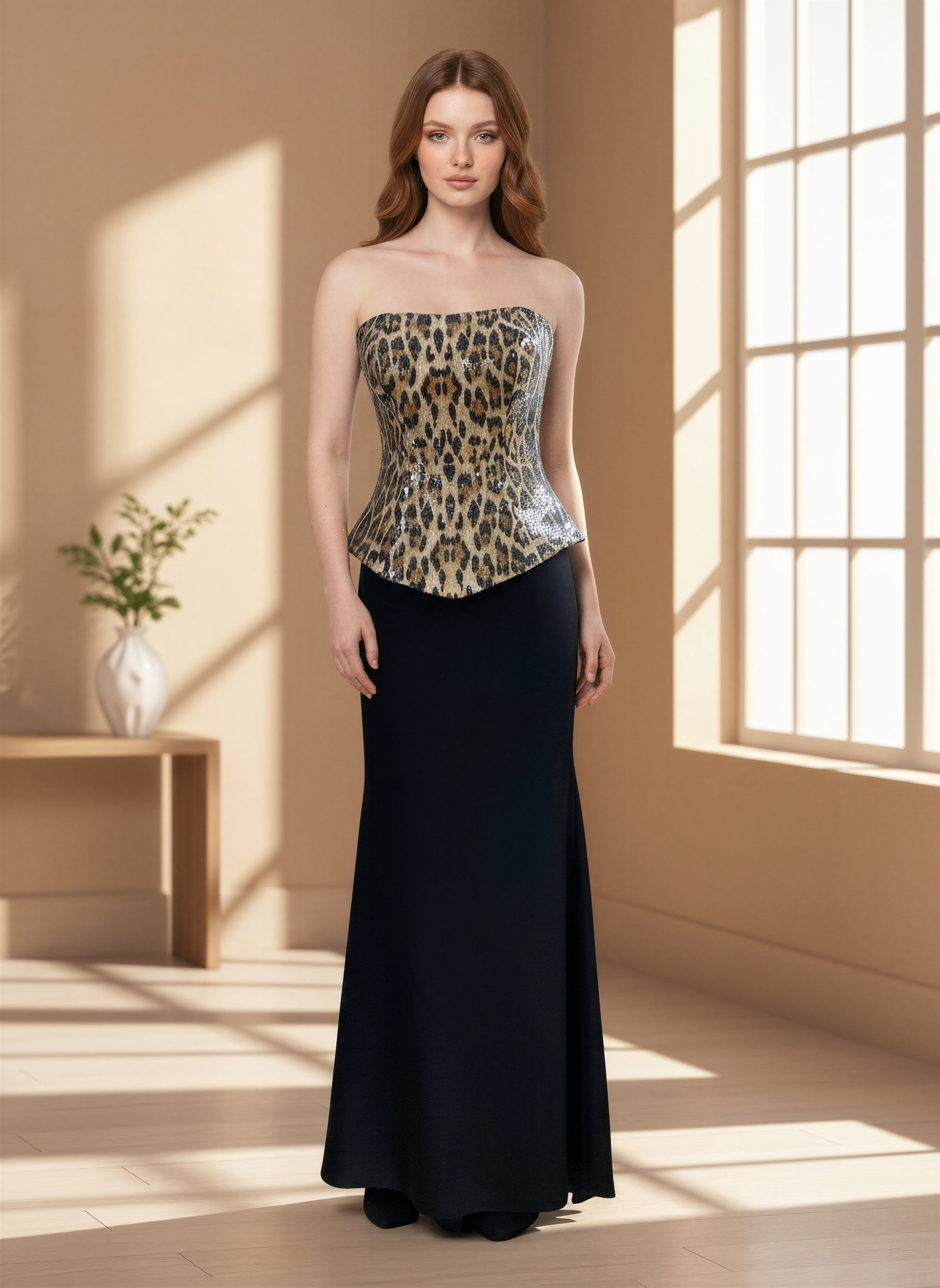 ÜSTÜ LEOPAR PAYETLİ ETEĞİ SIVAMA ELBİSE