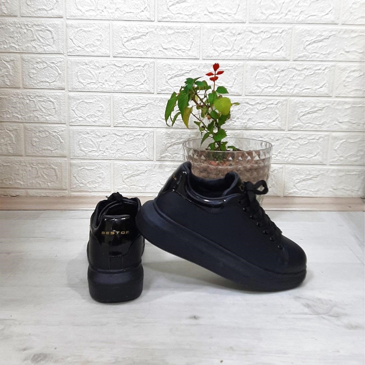 Bestof 150 Siyah-Siyah Fuspetli Sneaker Düz Taban Spor Ayakkabı
