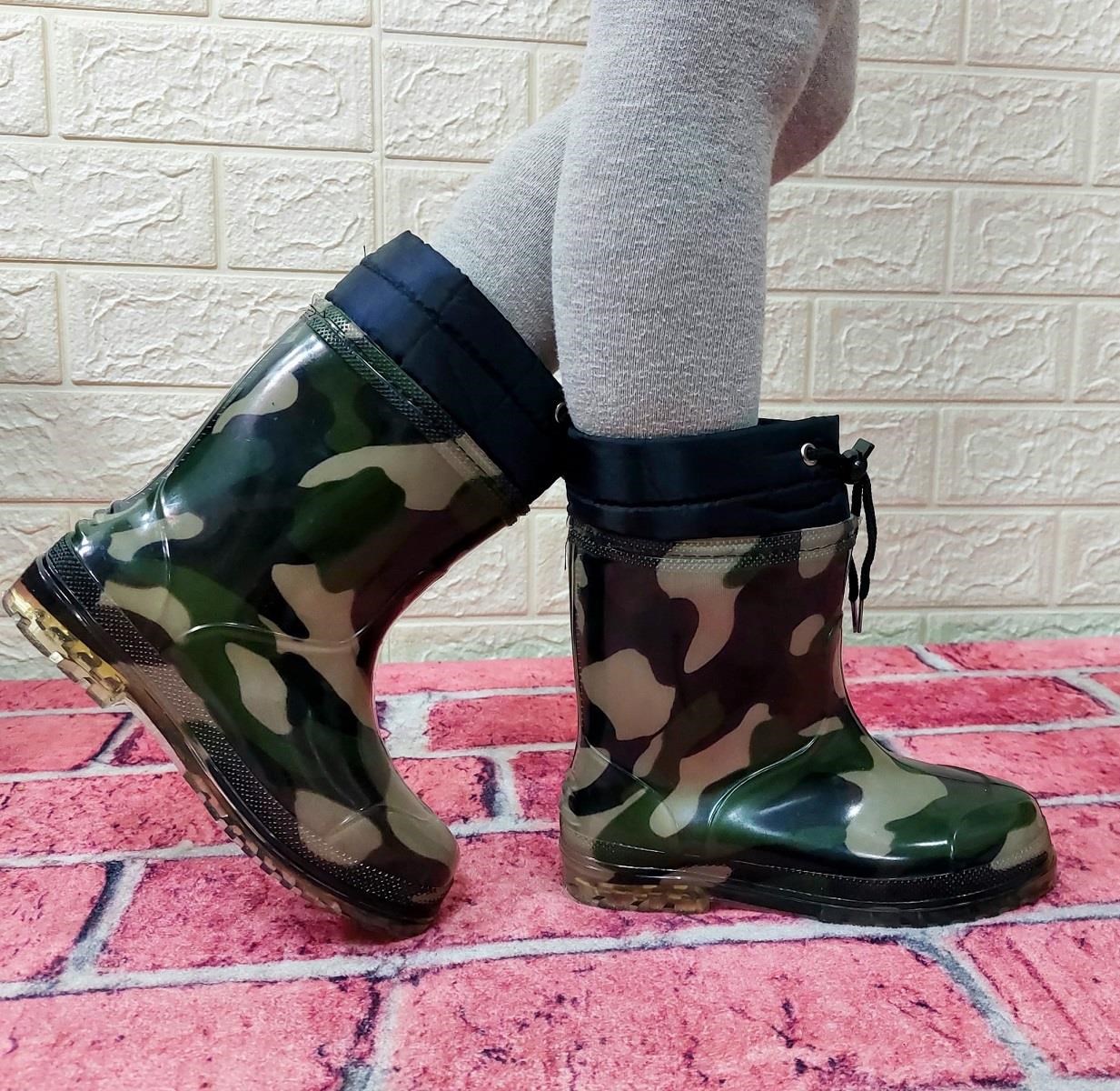 Çağrı Yeşil-siyah Kamuflaj İçi Yünlü Erkek Çocuk Yağmur Çizmesi