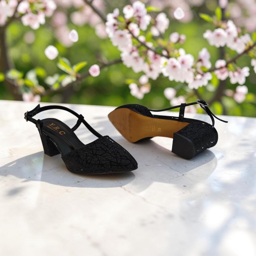 Fiyra 7013 Siyah Simli Kalın Kare Topuk Abiye Stiletto Ayakkabı