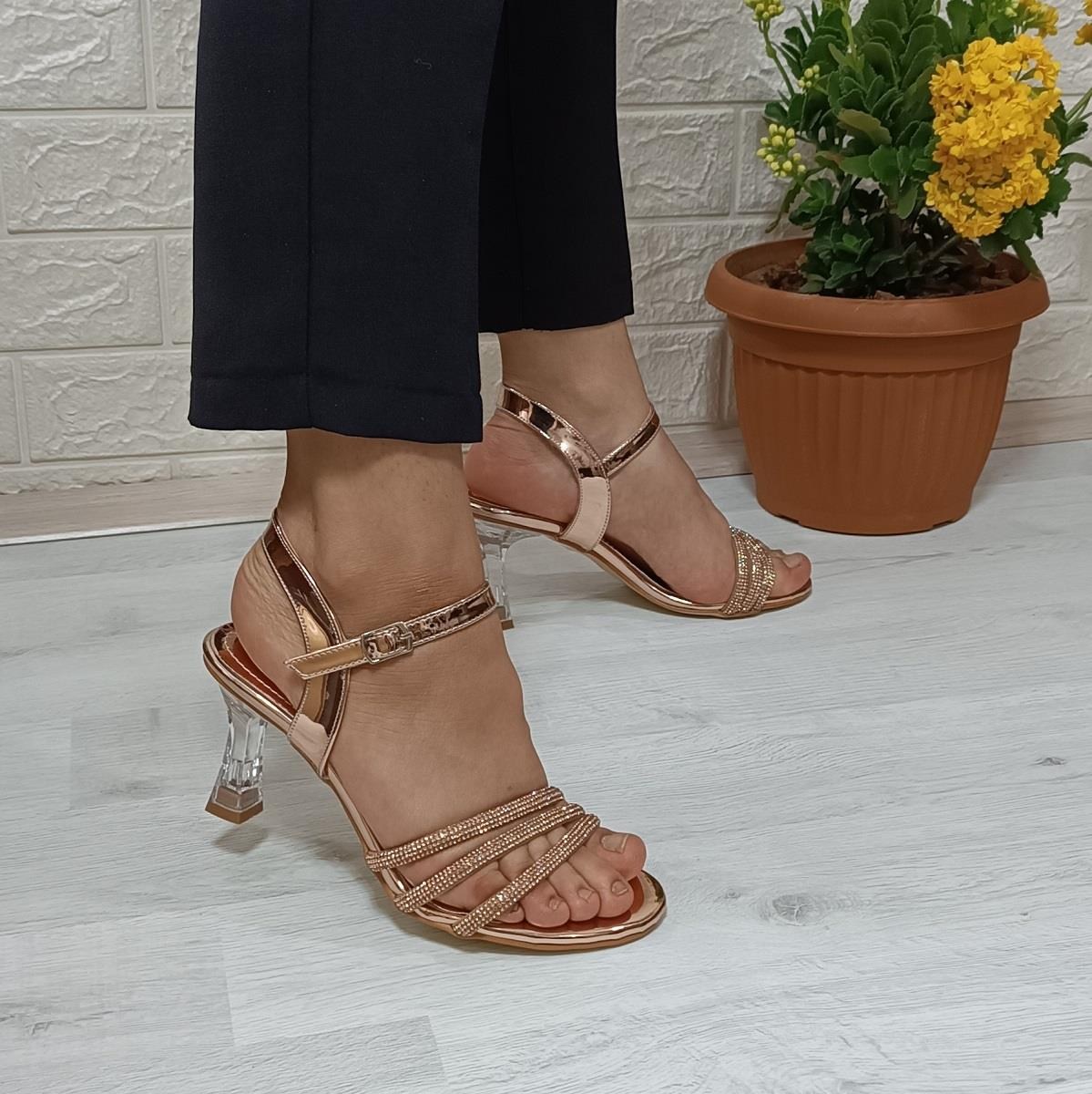 Fiyra 7027 Bakır 7cm Kadeh Topuk Üçbant Taşlı Bayan Abiye Ayakkabı