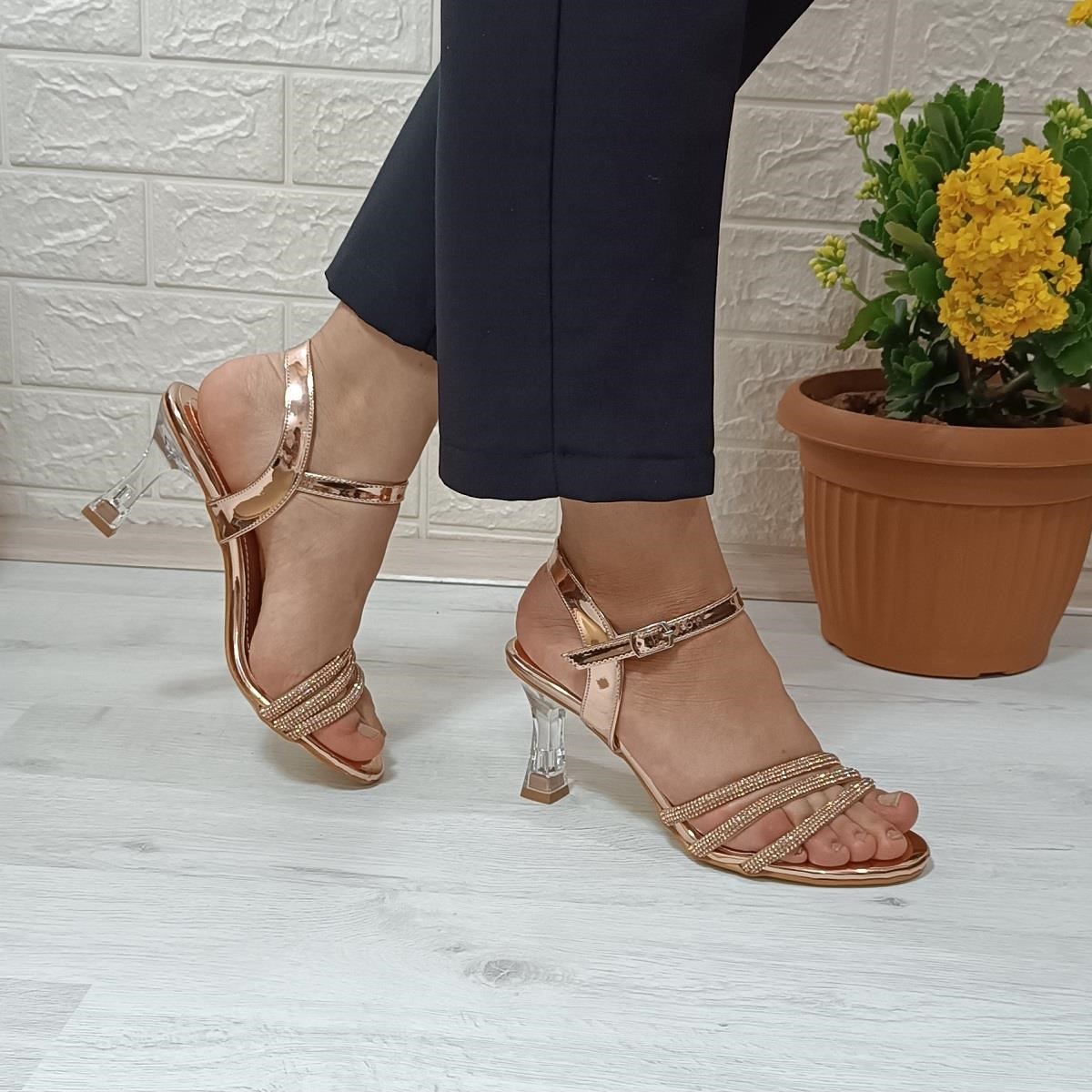 Fiyra 7027 Bakır 7cm Kadeh Topuk Üçbant Taşlı Bayan Abiye Ayakkabı