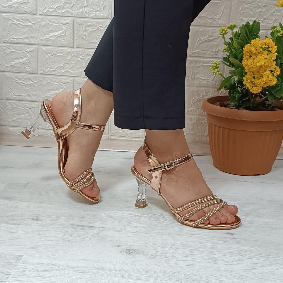 Fiyra 7027 Bakır 7cm Kadeh Topuk Üçbant Taşlı Bayan Abiye Ayakkabı