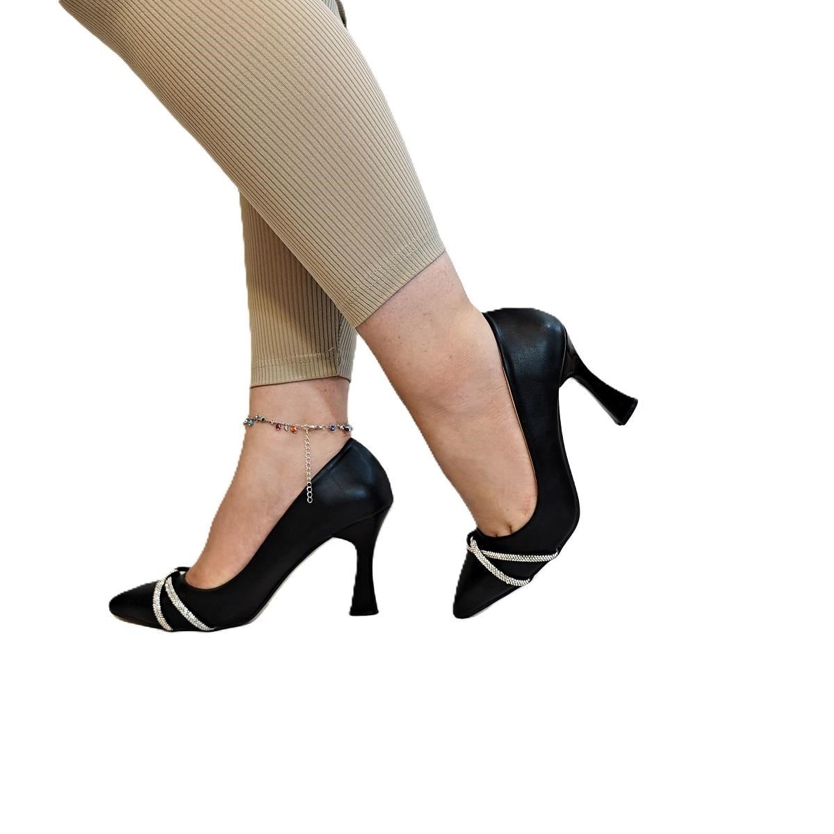 Fiyra 7030 Siyah Örgü Taşlı Kadeh Topuk Stiletto Topuklu Ayakkabı