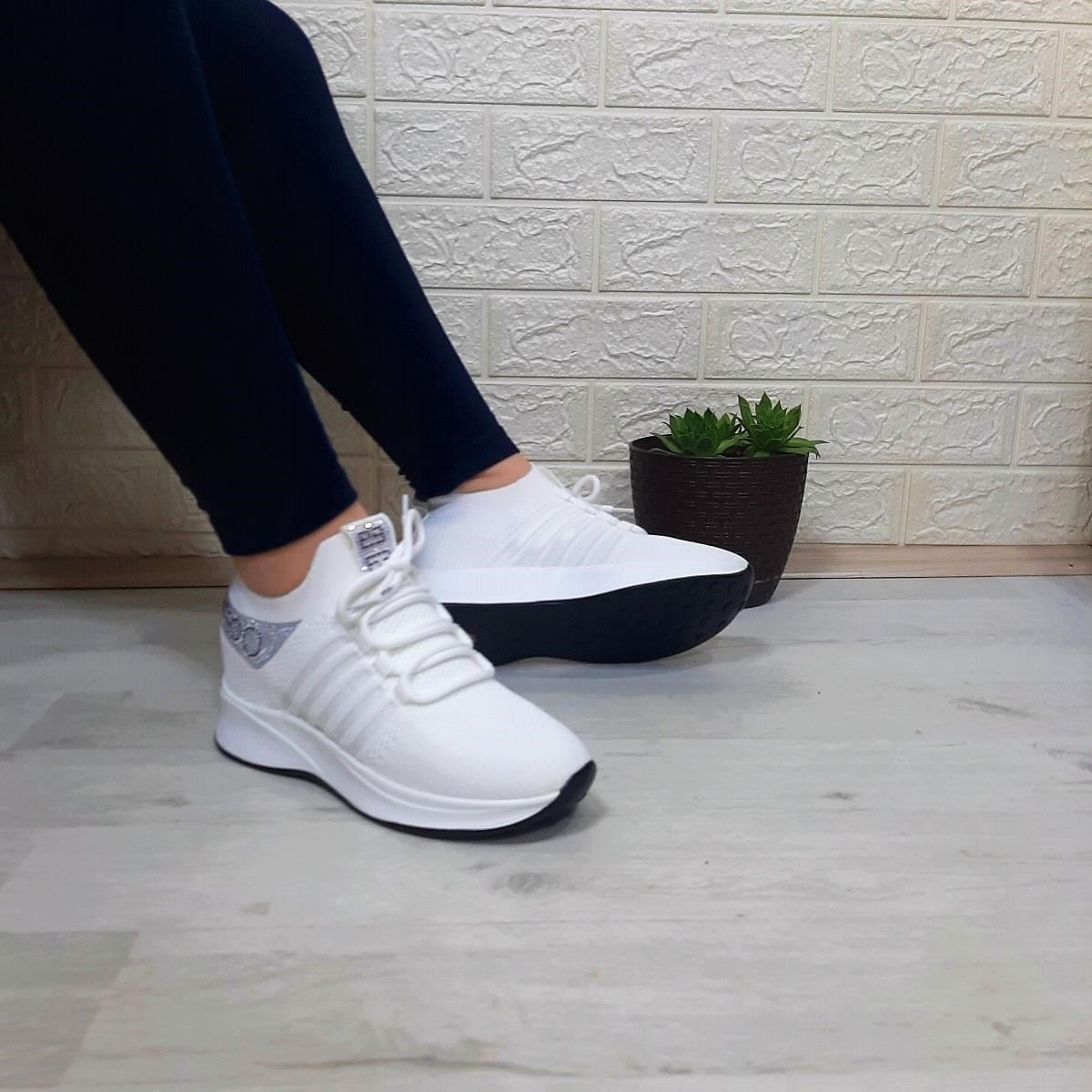 M.P 1669 Beyaz İçten Gizli Topuk (7cm) Taşlı Bayan Spor Ayakkabı