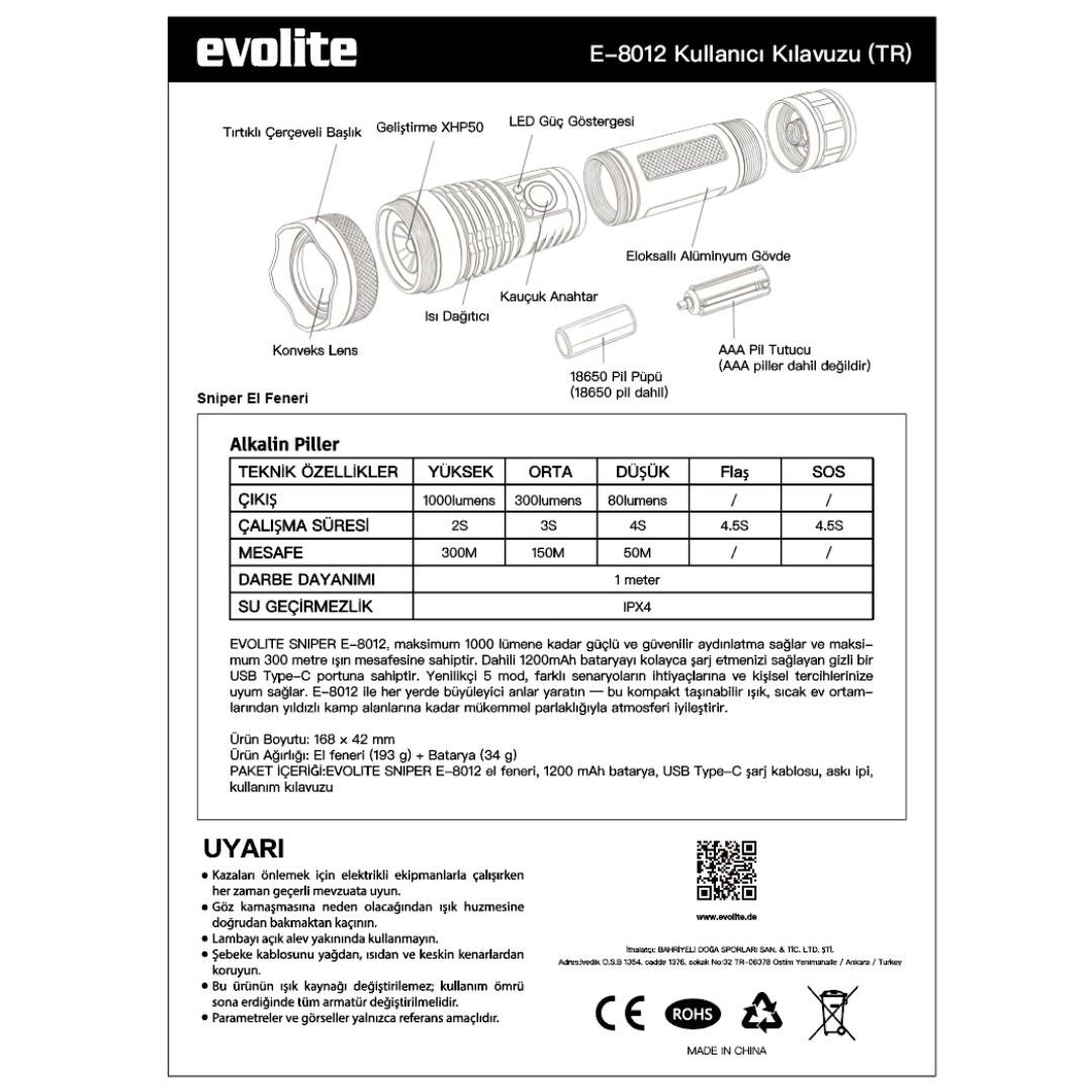 Evolite Sniper 1000 lm Şarjlı El Feneri