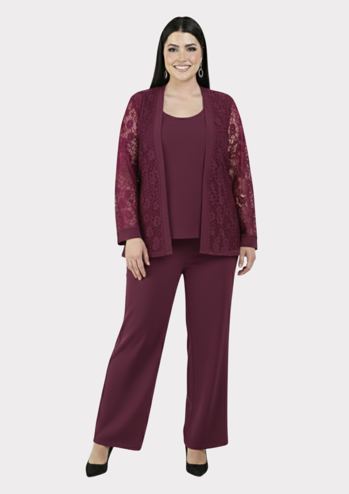 Büyük Beden Açık Mürdüm Renkli Dantel Ceketli Abiye Pantolon Bluz Takım