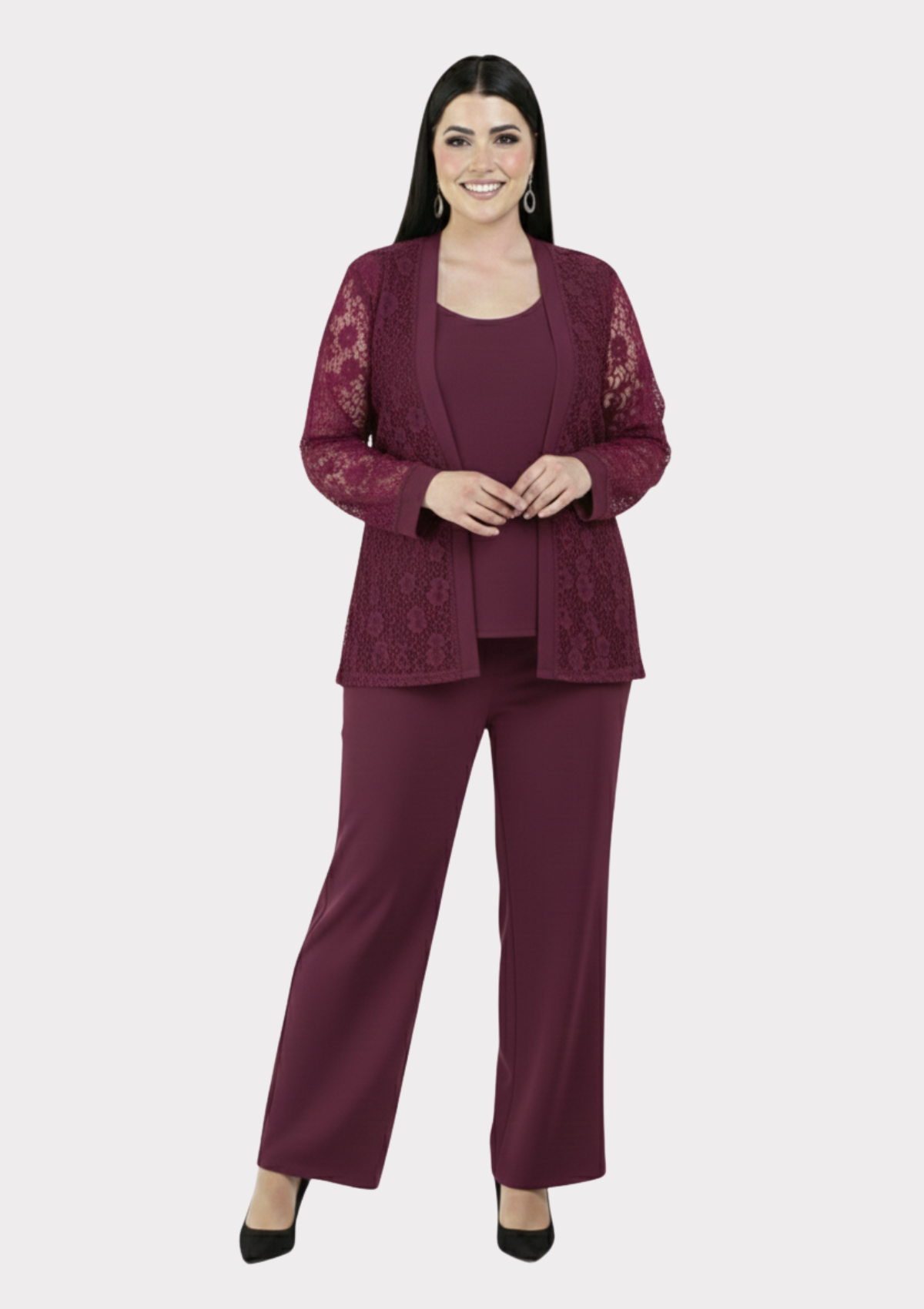 Büyük Beden Açık Mürdüm Renkli Dantel Ceketli Abiye Pantolon Bluz Takım