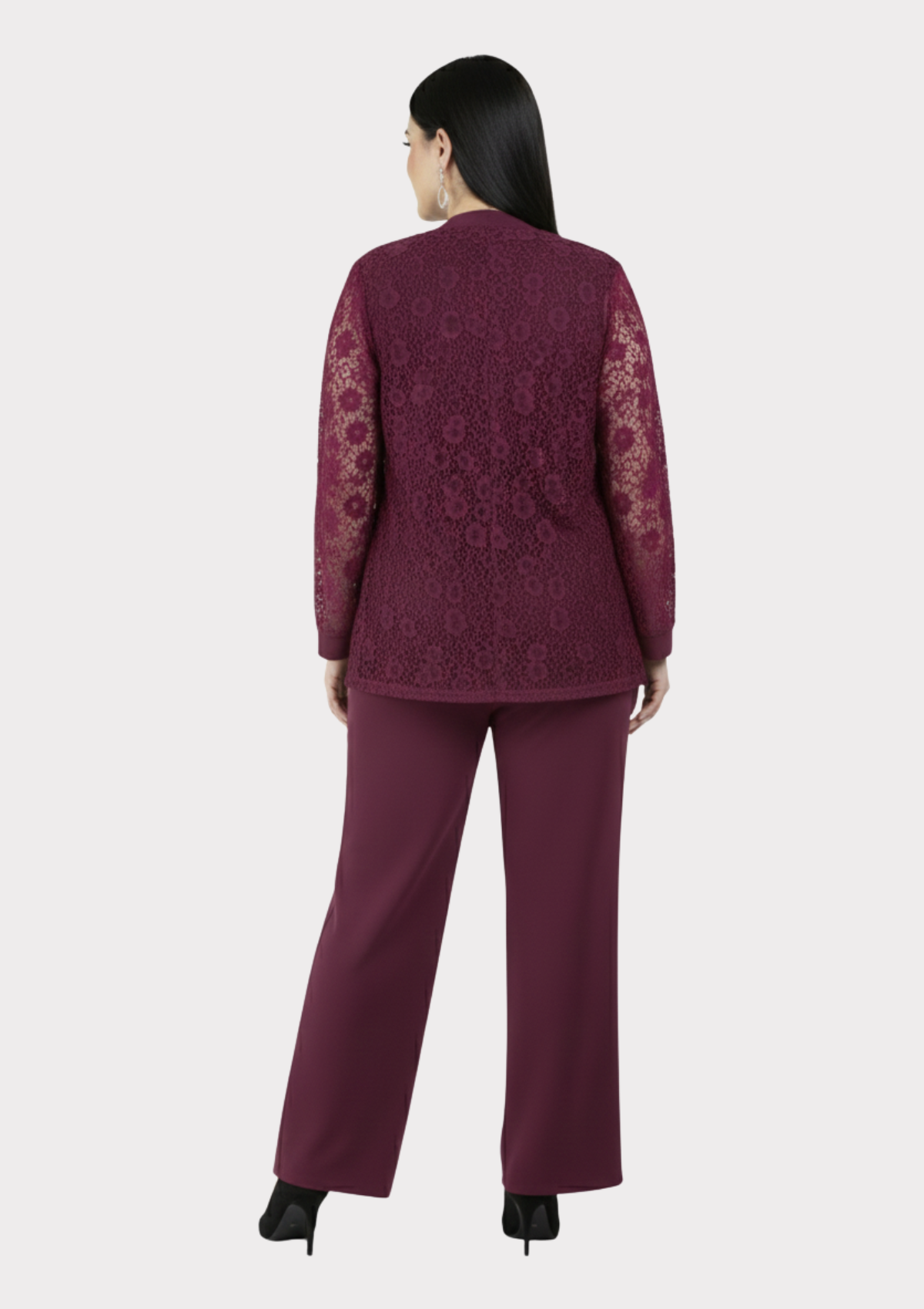 Büyük Beden Açık Mürdüm Renkli Dantel Ceketli Abiye Pantolon Bluz Takım